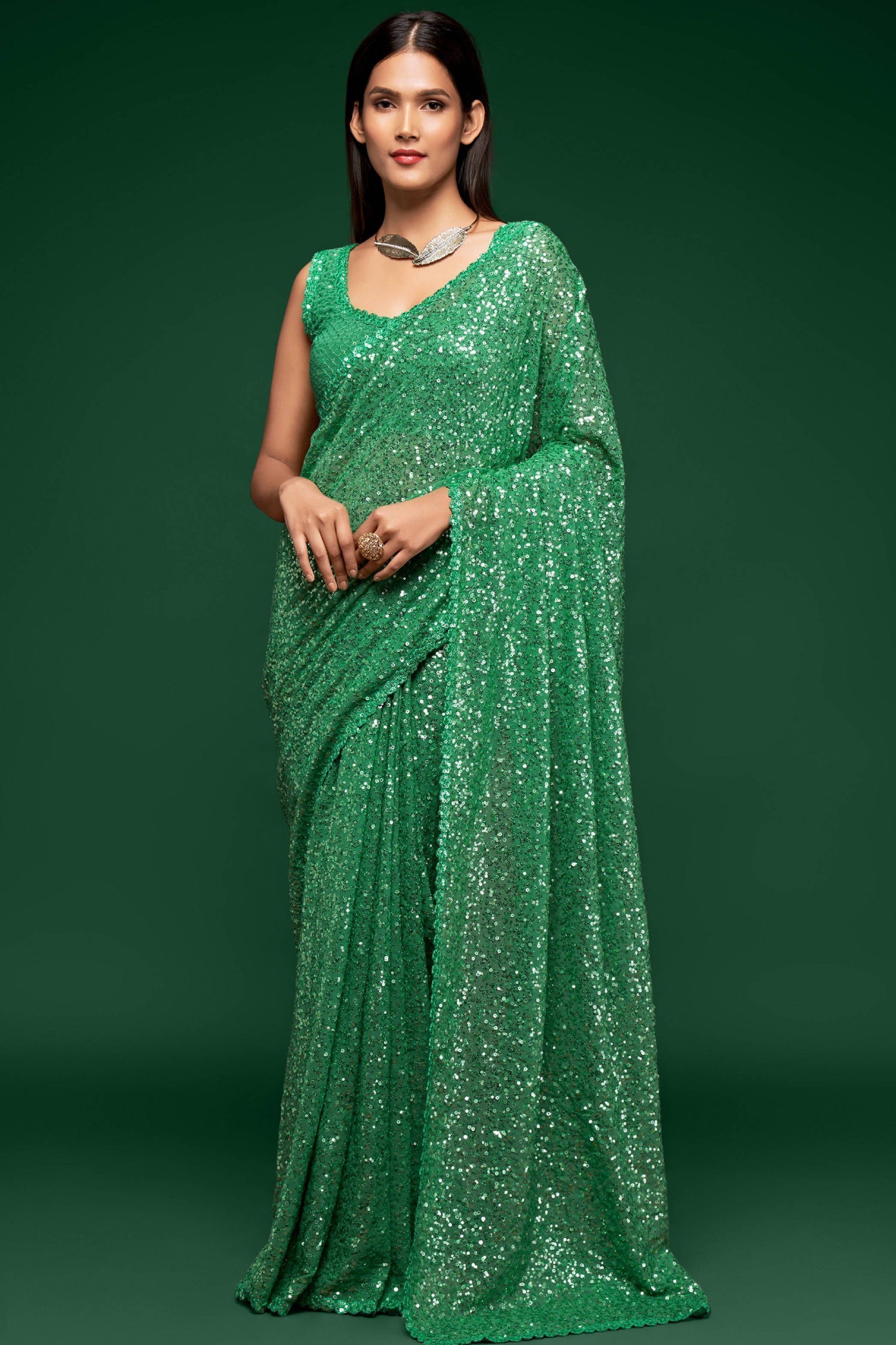 Green Sequined Georgette Party Wear Saree