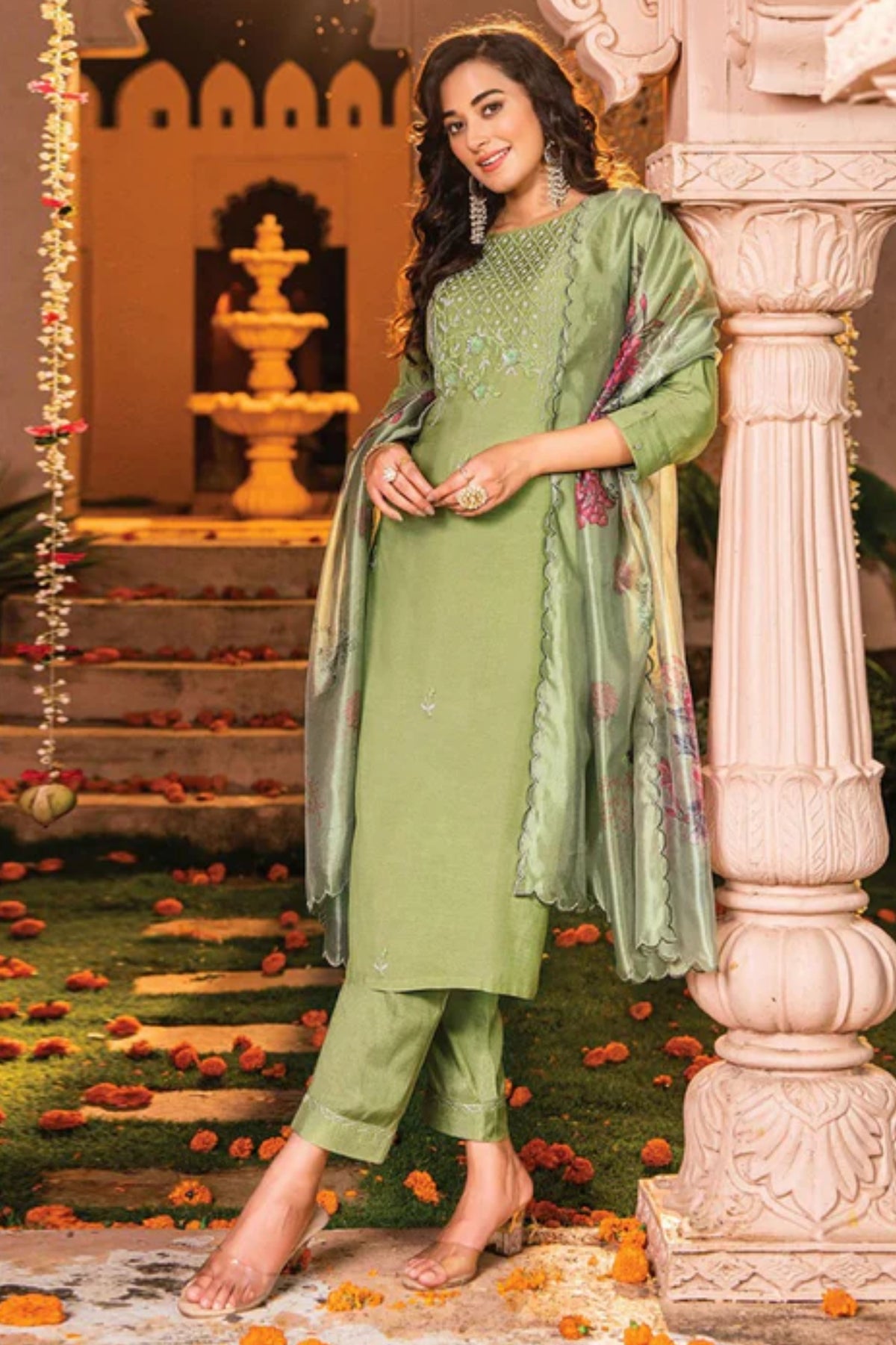 Green Handwork Embroidered Viscose Salwar Suit