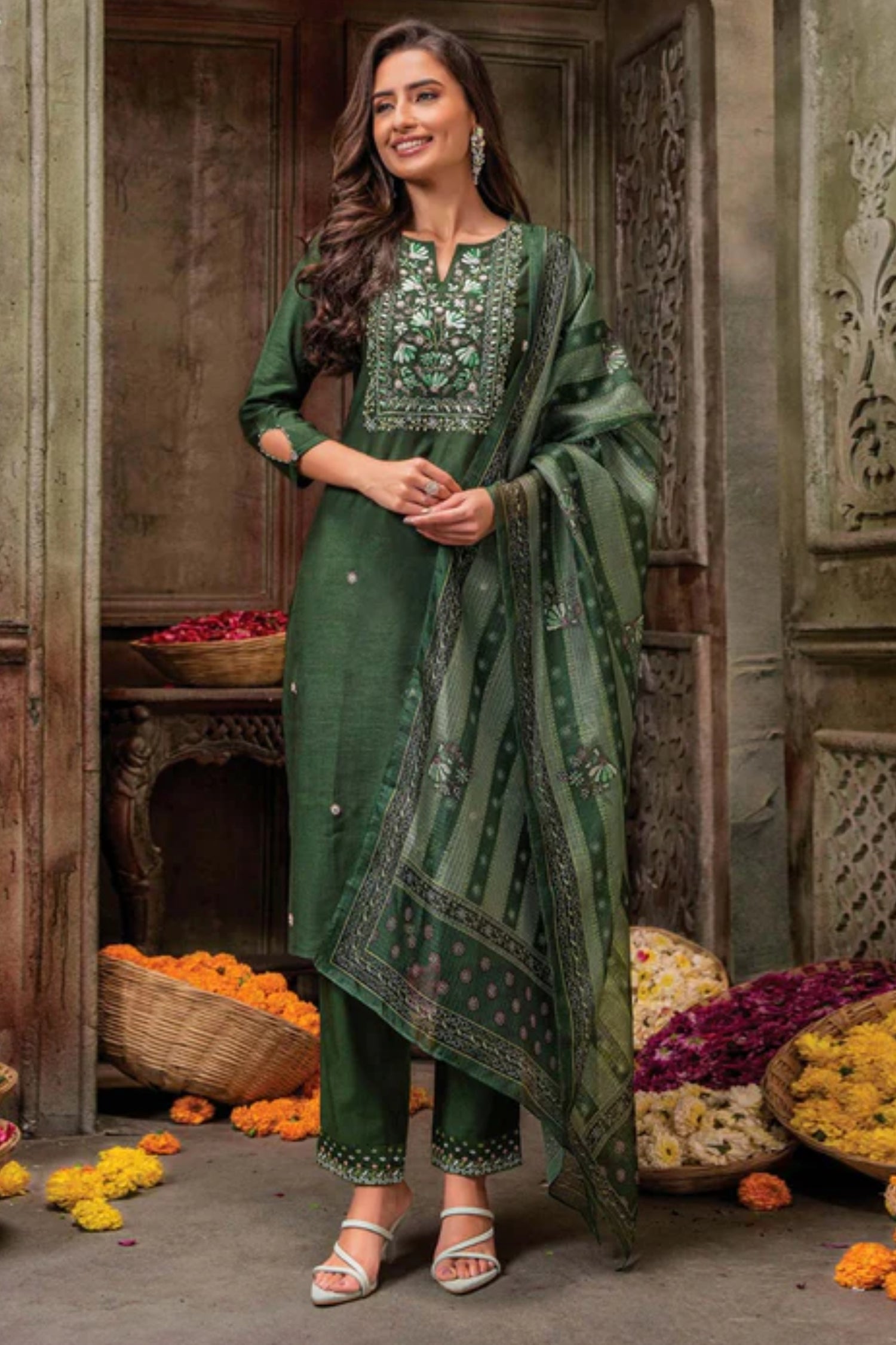 Green Handwork Embroidered Viscose Salwar Suit