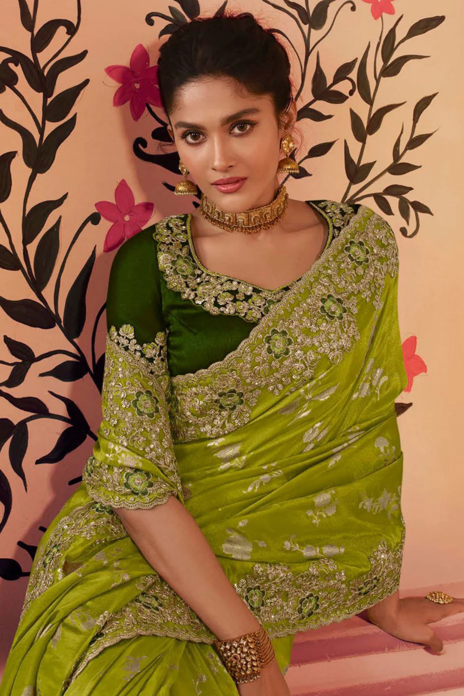 Green and Gold Embroidered Wedding Saree