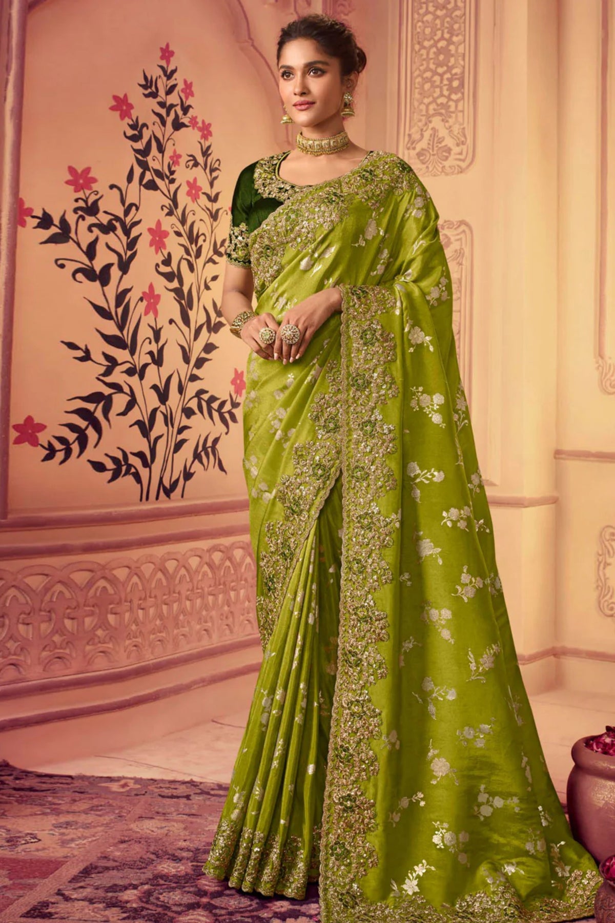 Green and Gold Embroidered Wedding Saree