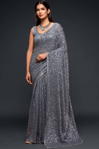 Grey Fully Sequined Georgette Party Wear Saree