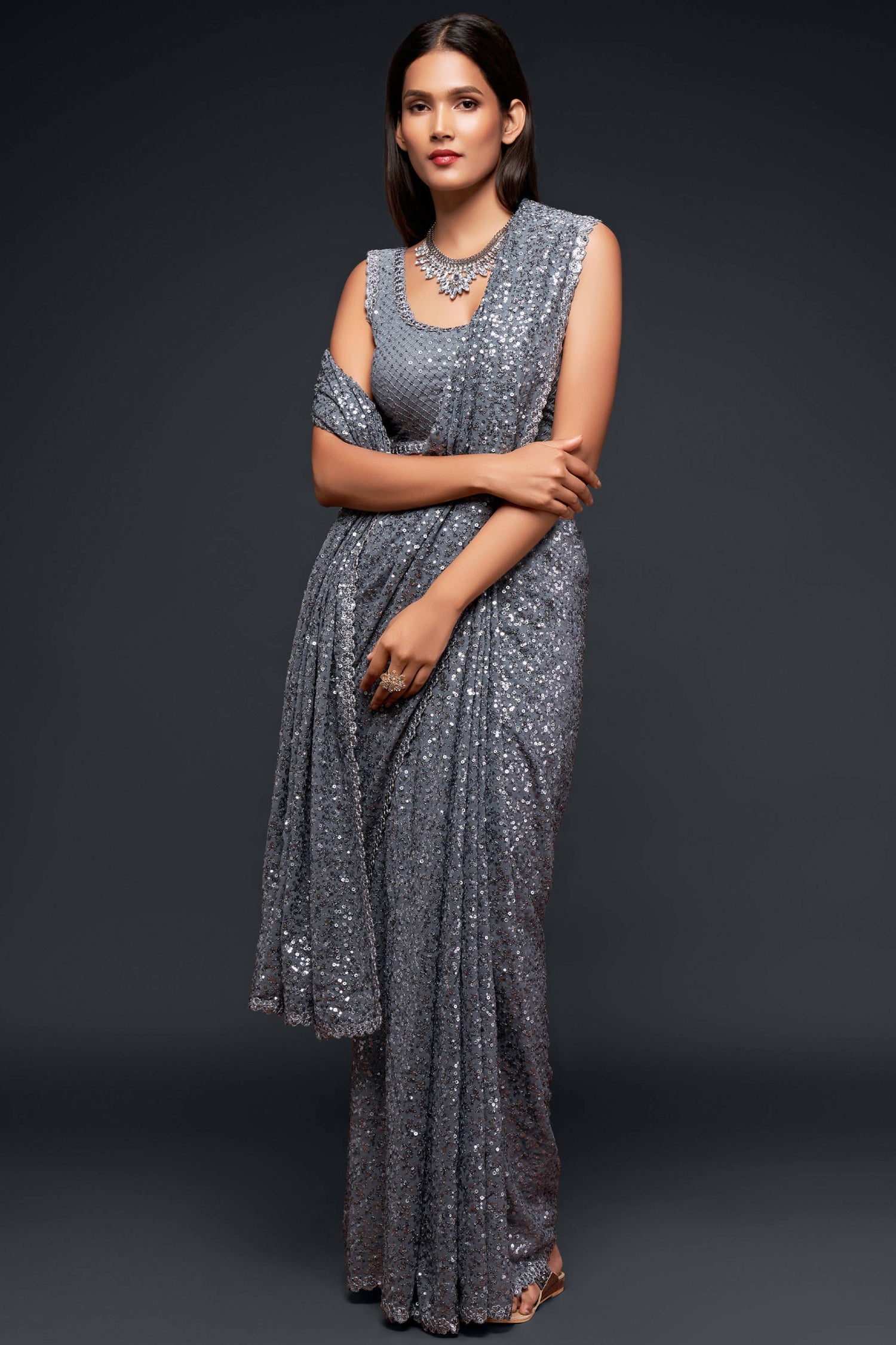 Grey Fully Sequined Georgette Party Wear Saree