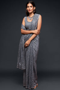 Grey Fully Sequined Georgette Party Wear Saree