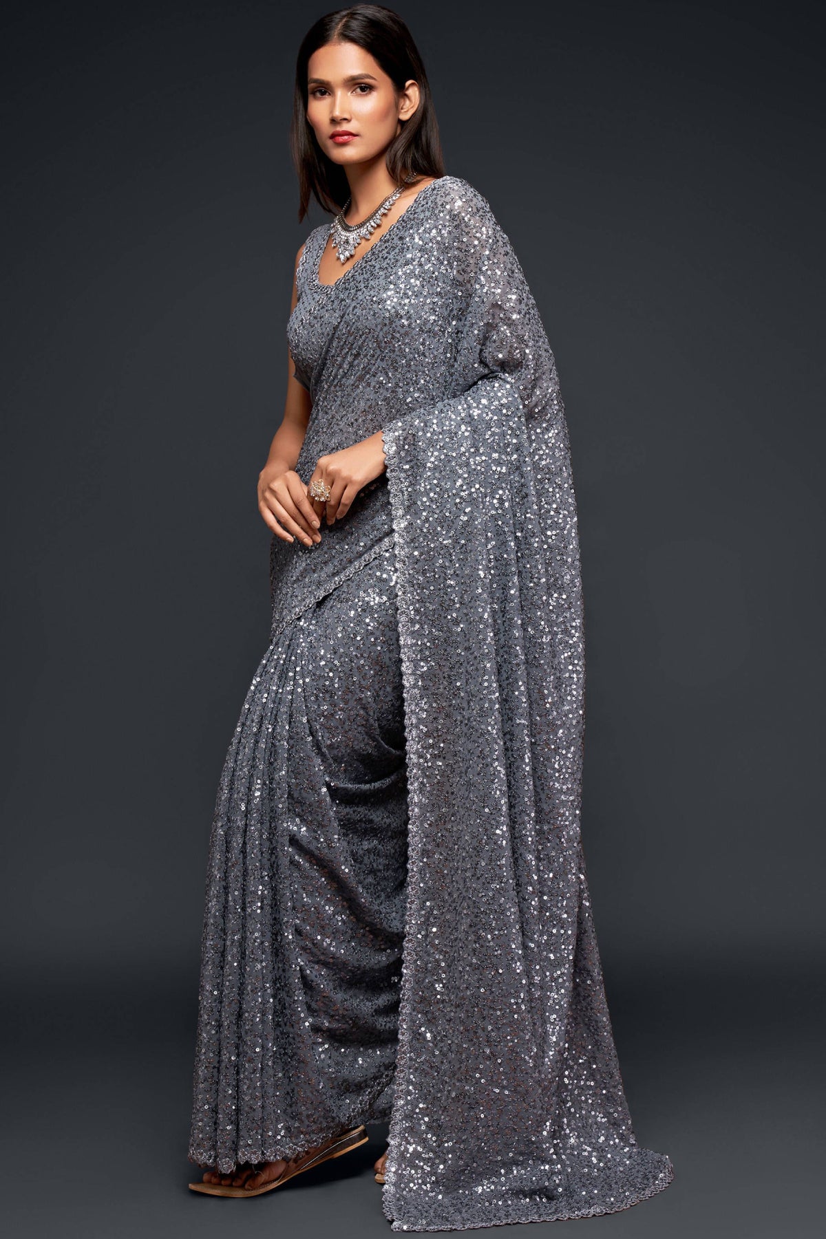 Grey Fully Sequined Georgette Party Wear Saree