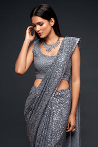 Grey Fully Sequined Georgette Party Wear Saree