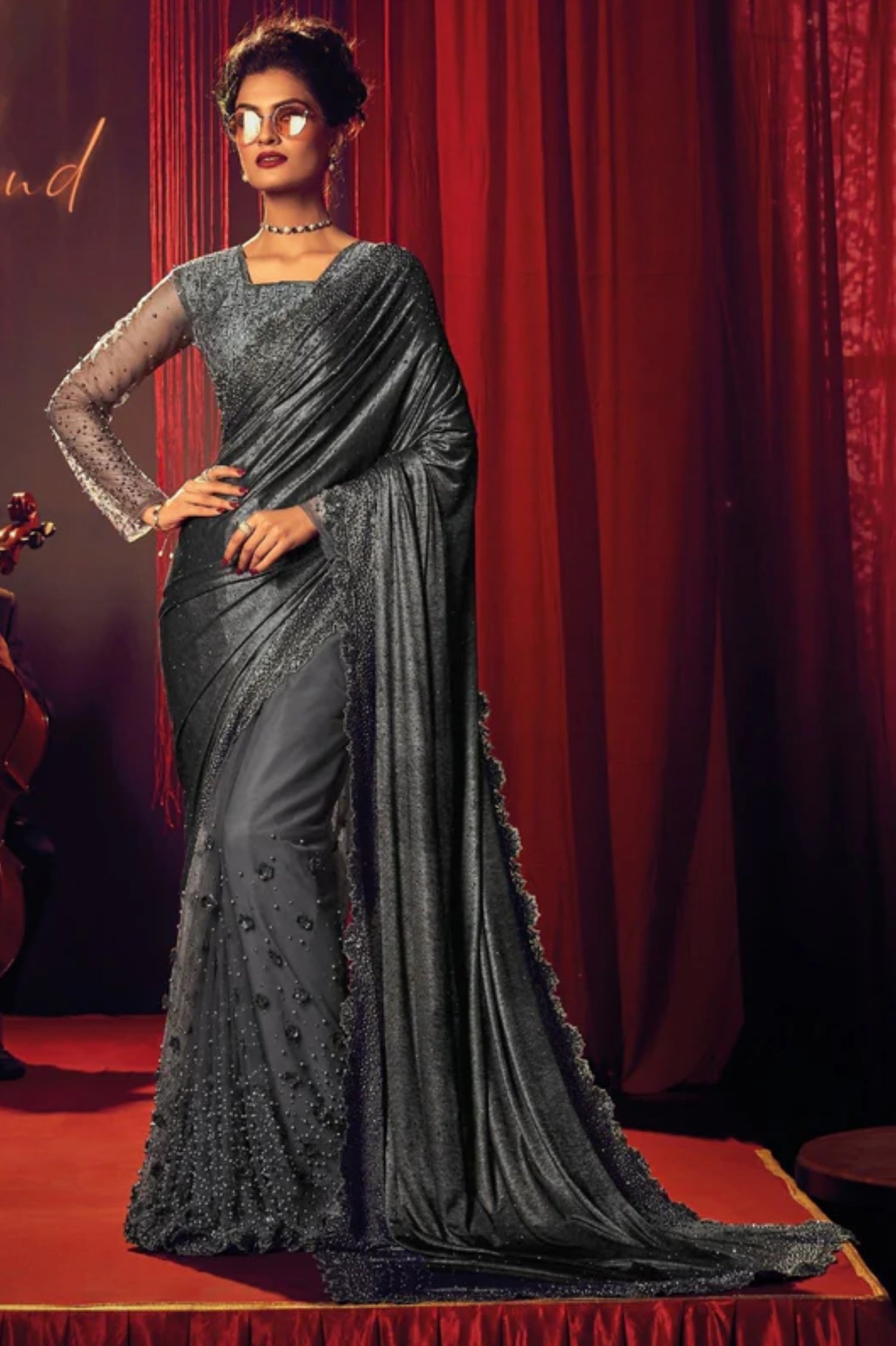 Premium Designer Net Saree in Iron Grey