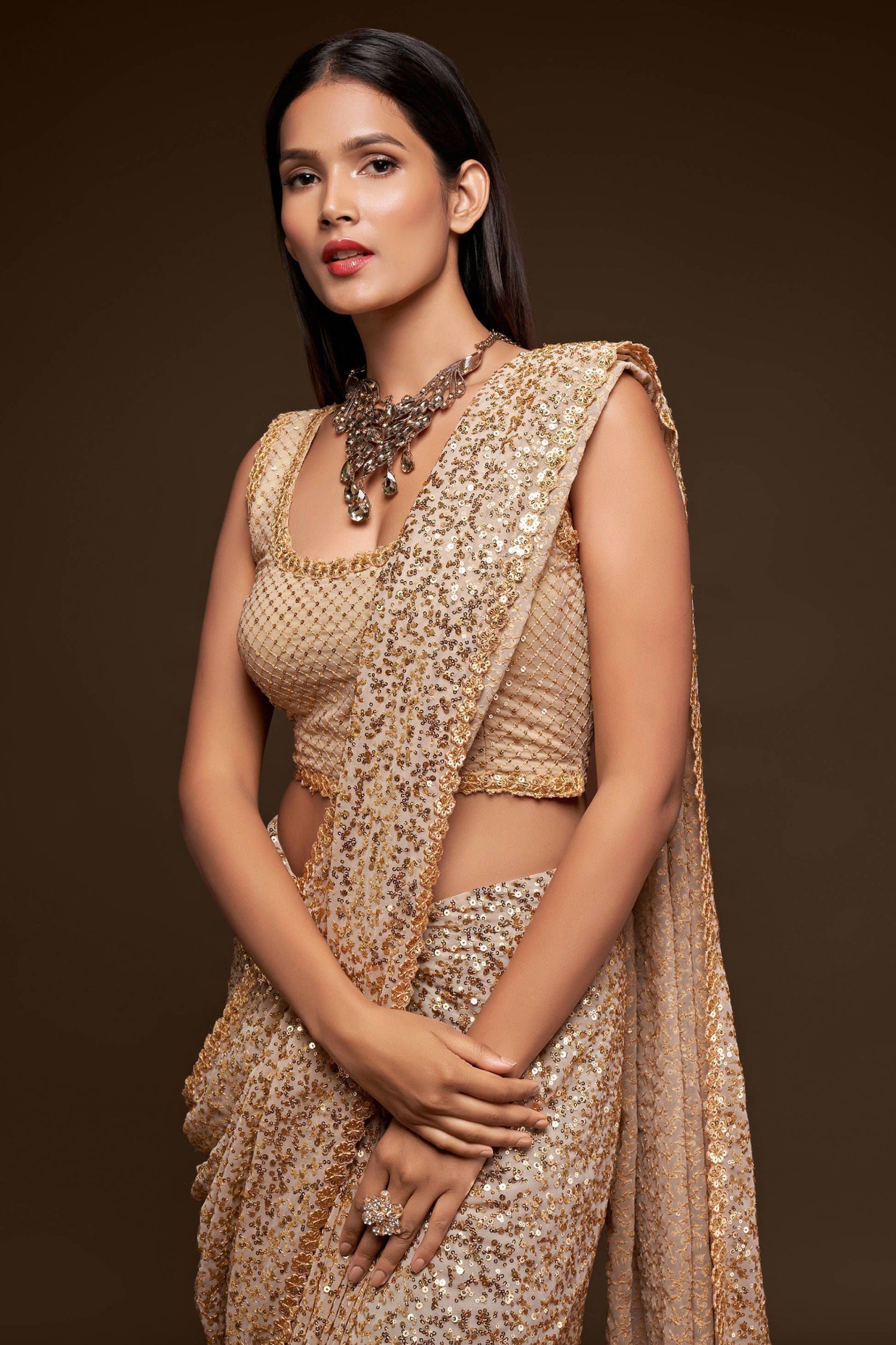 Ivory Sequin Embellished Georgette Party Wear Saree