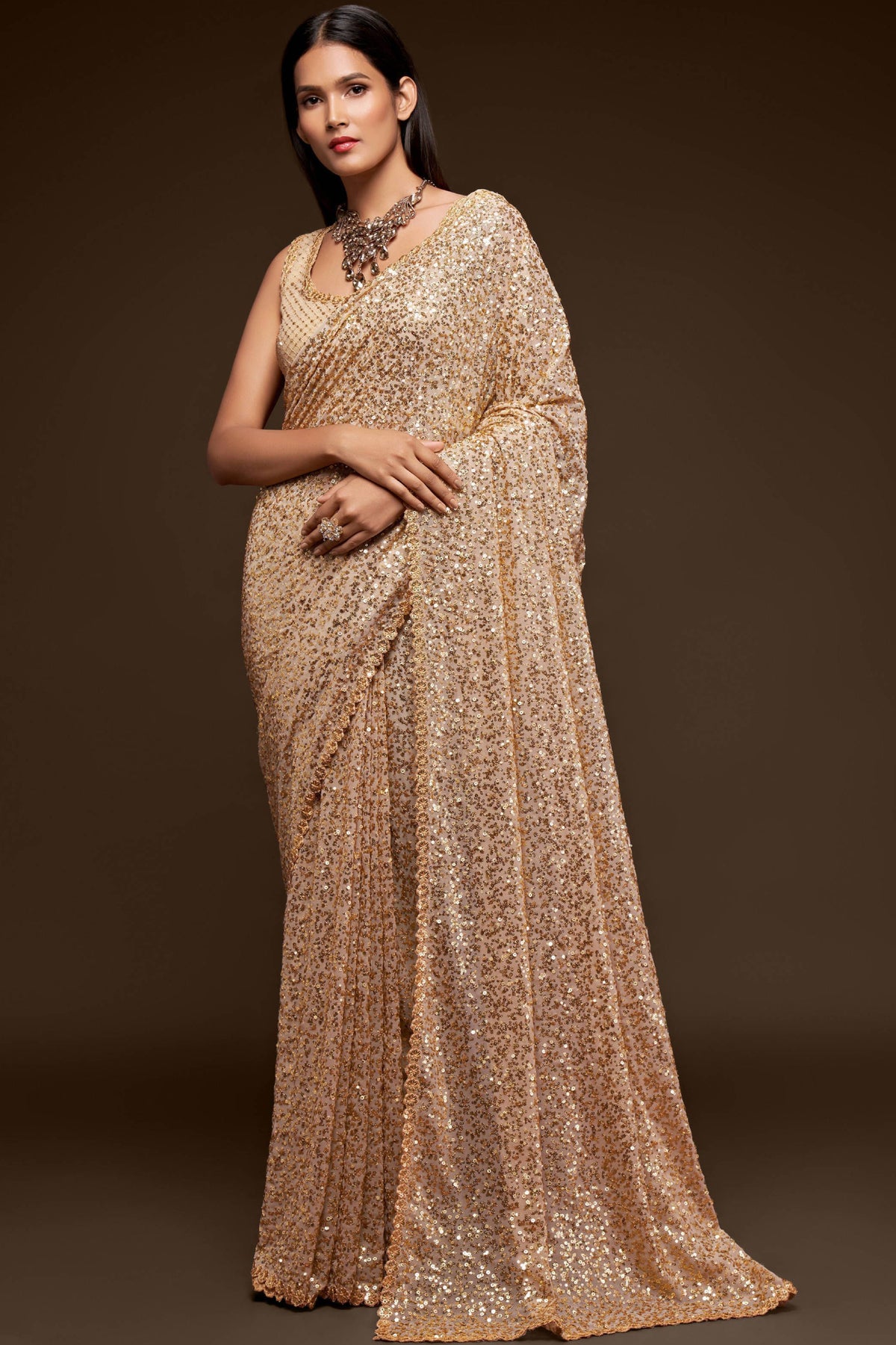 Ivory Sequin Embellished Georgette Party Wear Saree