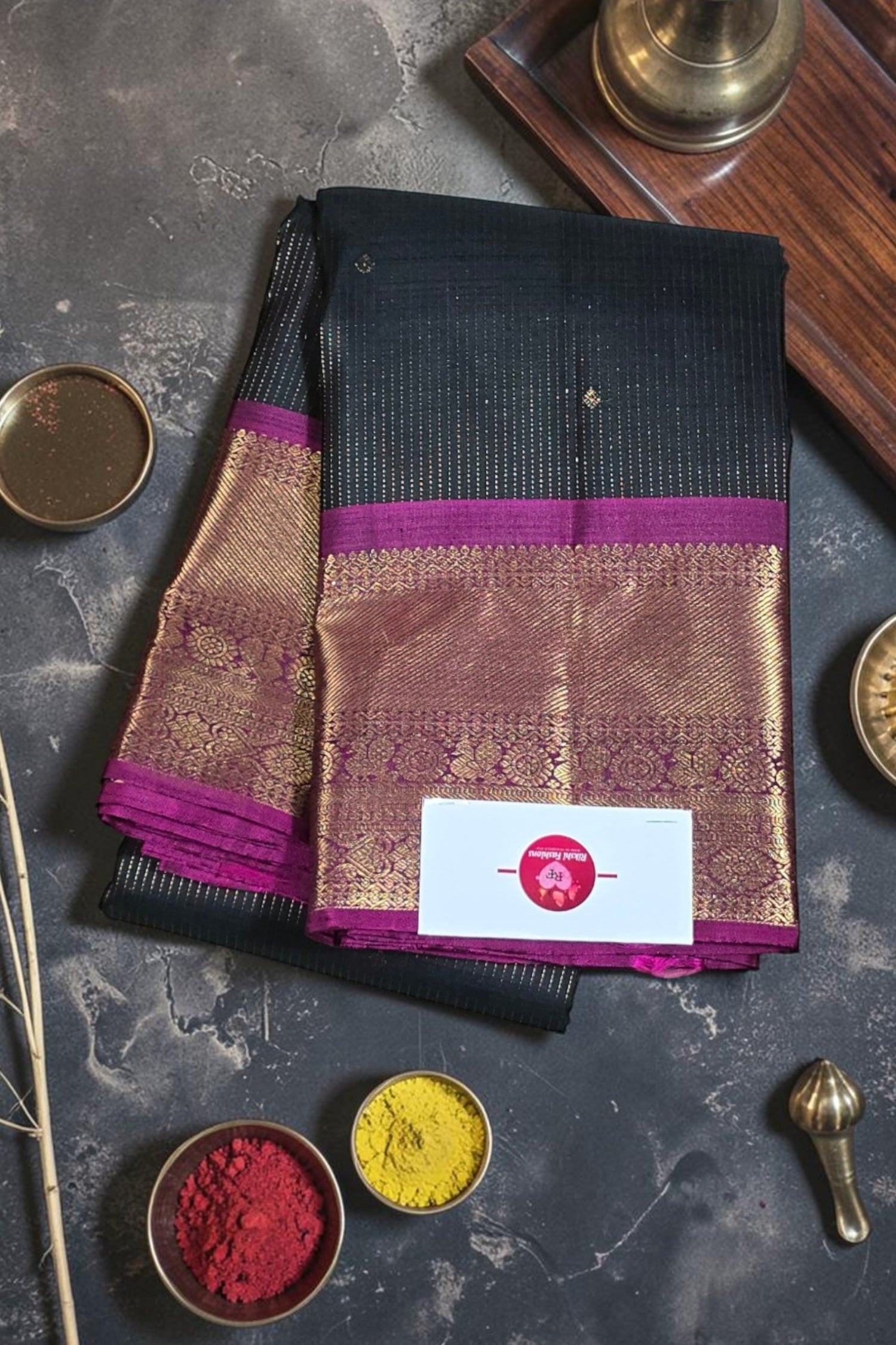 Elegant Dark Charcoal Kanchipuram Silk Saree with Dark Pink Border