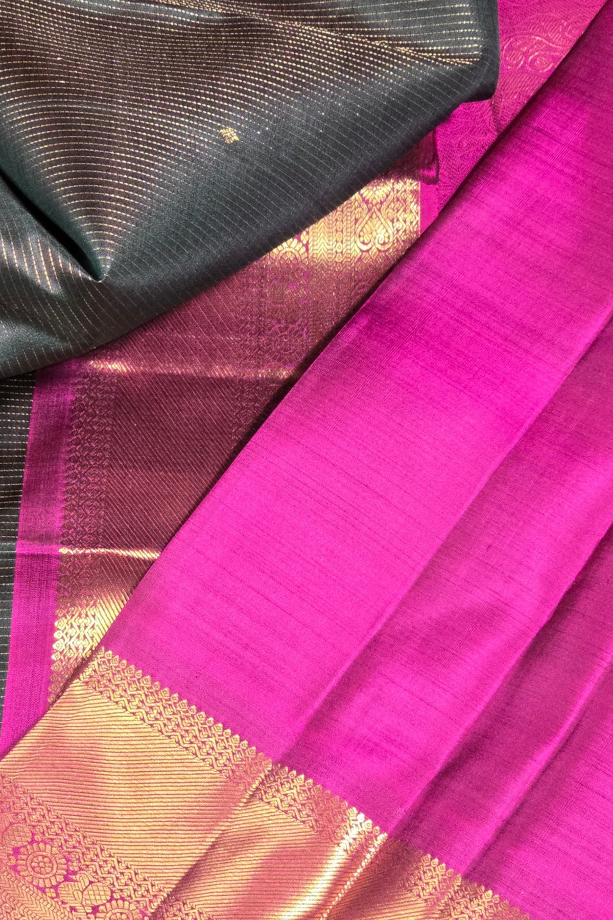 Elegant Dark Charcoal Kanchipuram Silk Saree with Dark Pink Border