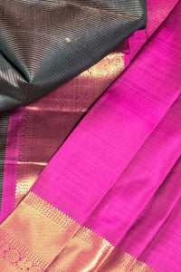 Elegant Dark Charcoal Kanchipuram Silk Saree with Dark Pink Border