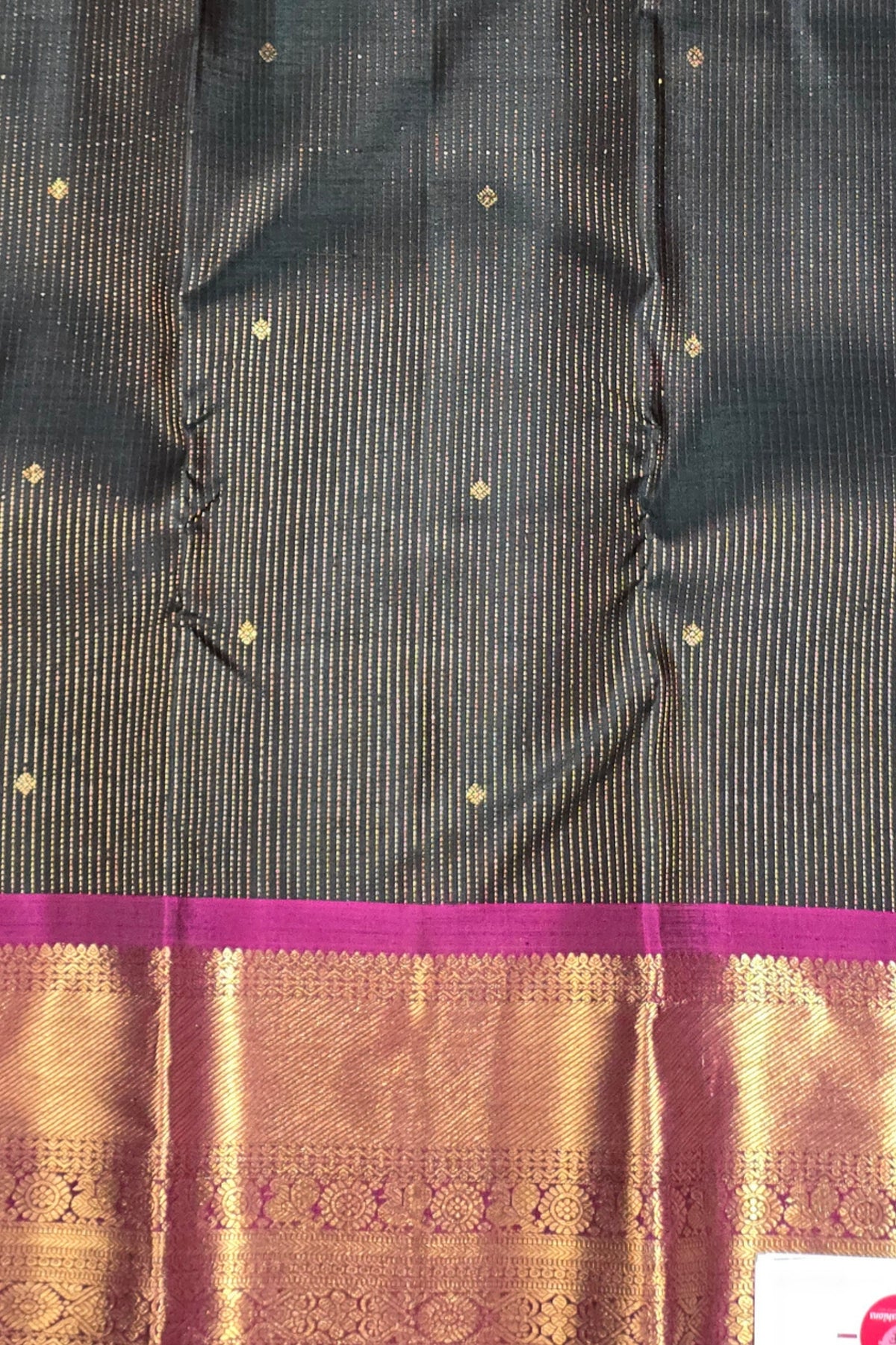 Elegant Dark Charcoal Kanchipuram Silk Saree with Dark Pink Border