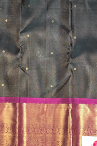Elegant Dark Charcoal Kanchipuram Silk Saree with Dark Pink Border