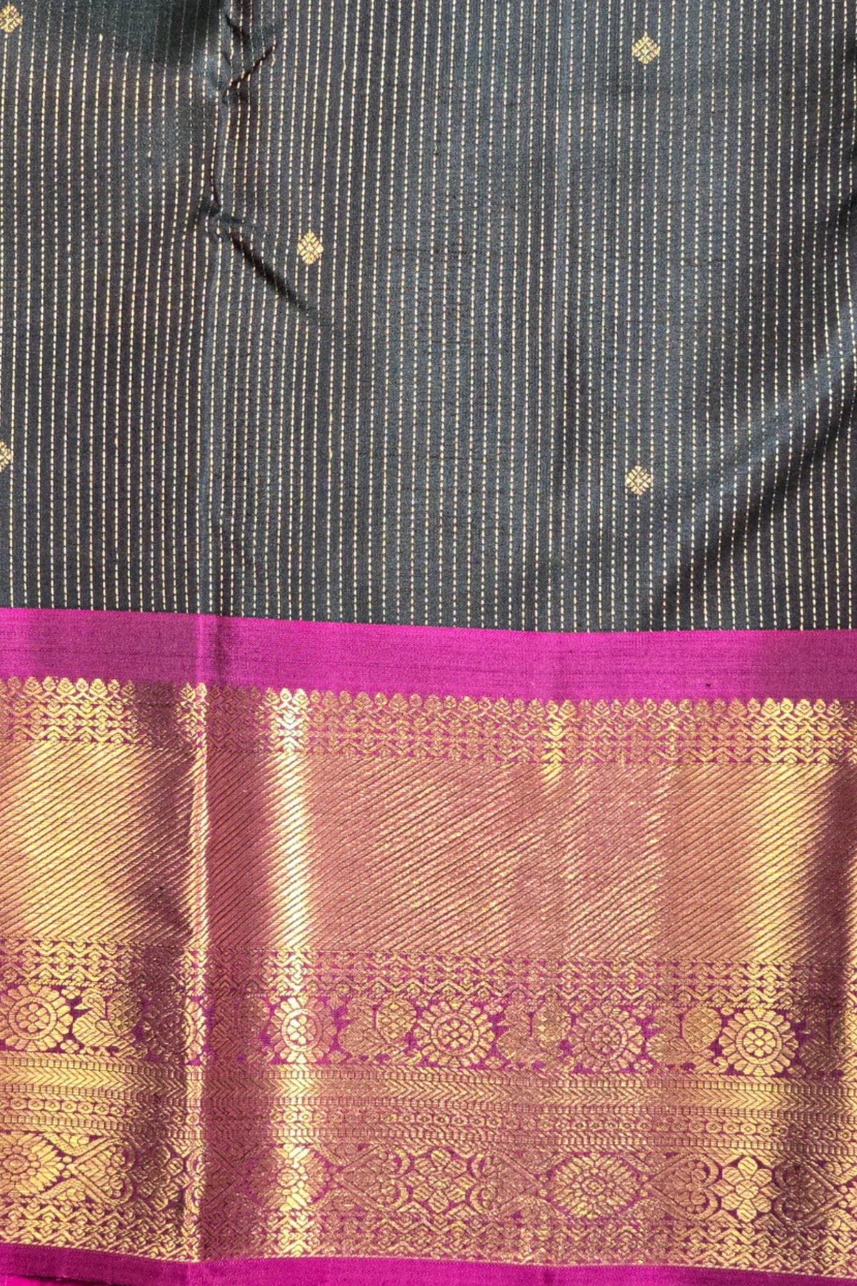 Elegant Dark Charcoal Kanchipuram Silk Saree with Dark Pink Border