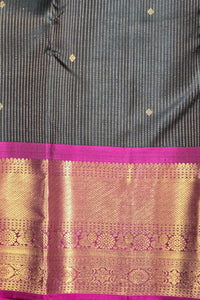 Elegant Dark Charcoal Kanchipuram Silk Saree with Dark Pink Border