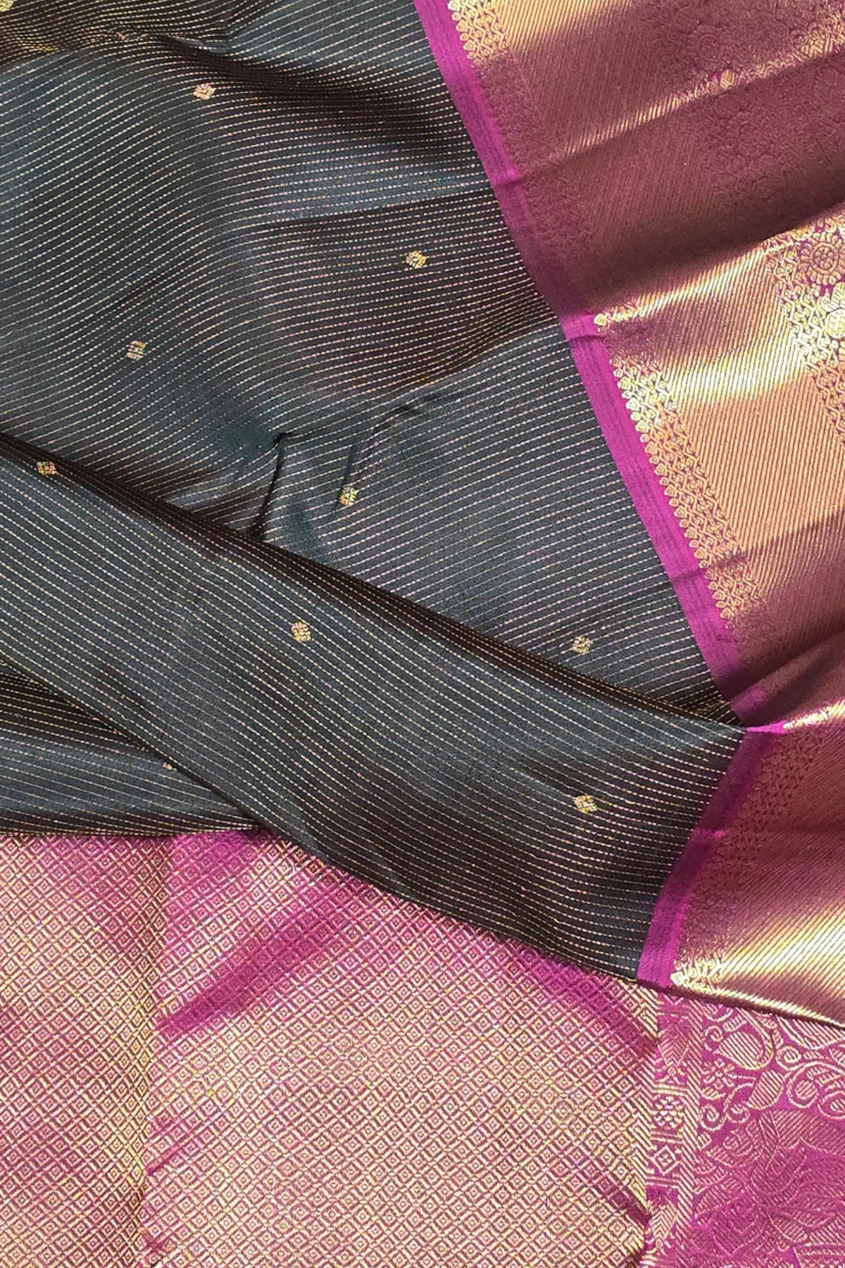 Elegant Dark Charcoal Kanchipuram Silk Saree with Dark Pink Border