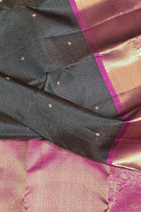 Elegant Dark Charcoal Kanchipuram Silk Saree with Dark Pink Border