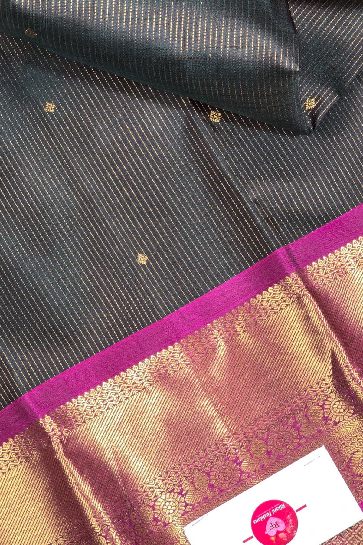 Elegant Dark Charcoal Kanchipuram Silk Saree with Dark Pink Border