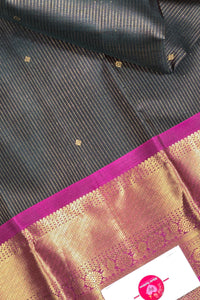 Elegant Dark Charcoal Kanchipuram Silk Saree with Dark Pink Border