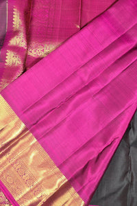 Elegant Dark Charcoal Kanchipuram Silk Saree with Dark Pink Border