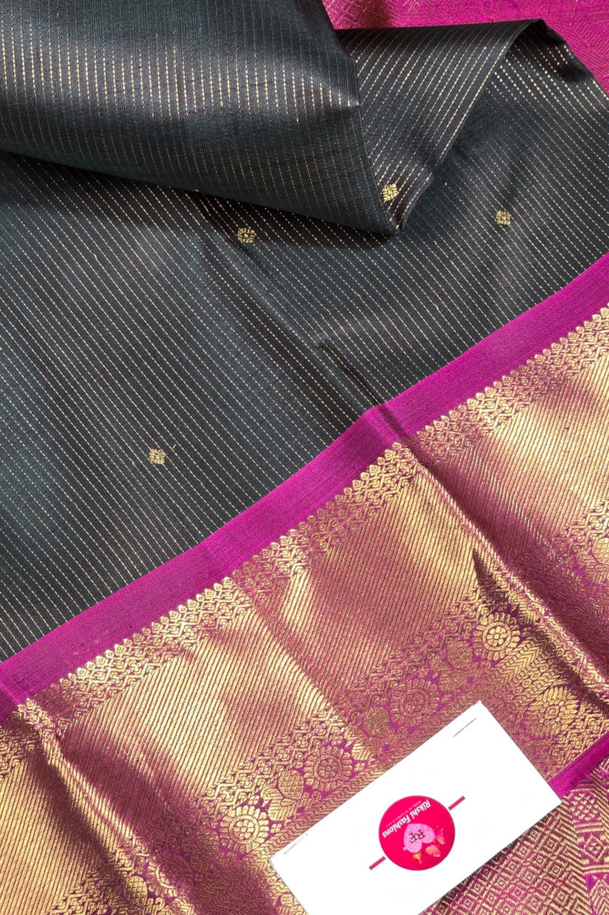 Elegant Dark Charcoal Kanchipuram Silk Saree with Dark Pink Border