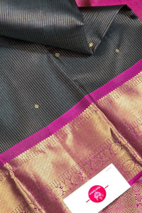 Elegant Dark Charcoal Kanchipuram Silk Saree with Dark Pink Border
