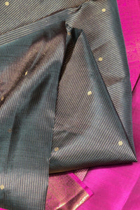 Elegant Dark Charcoal Kanchipuram Silk Saree with Dark Pink Border