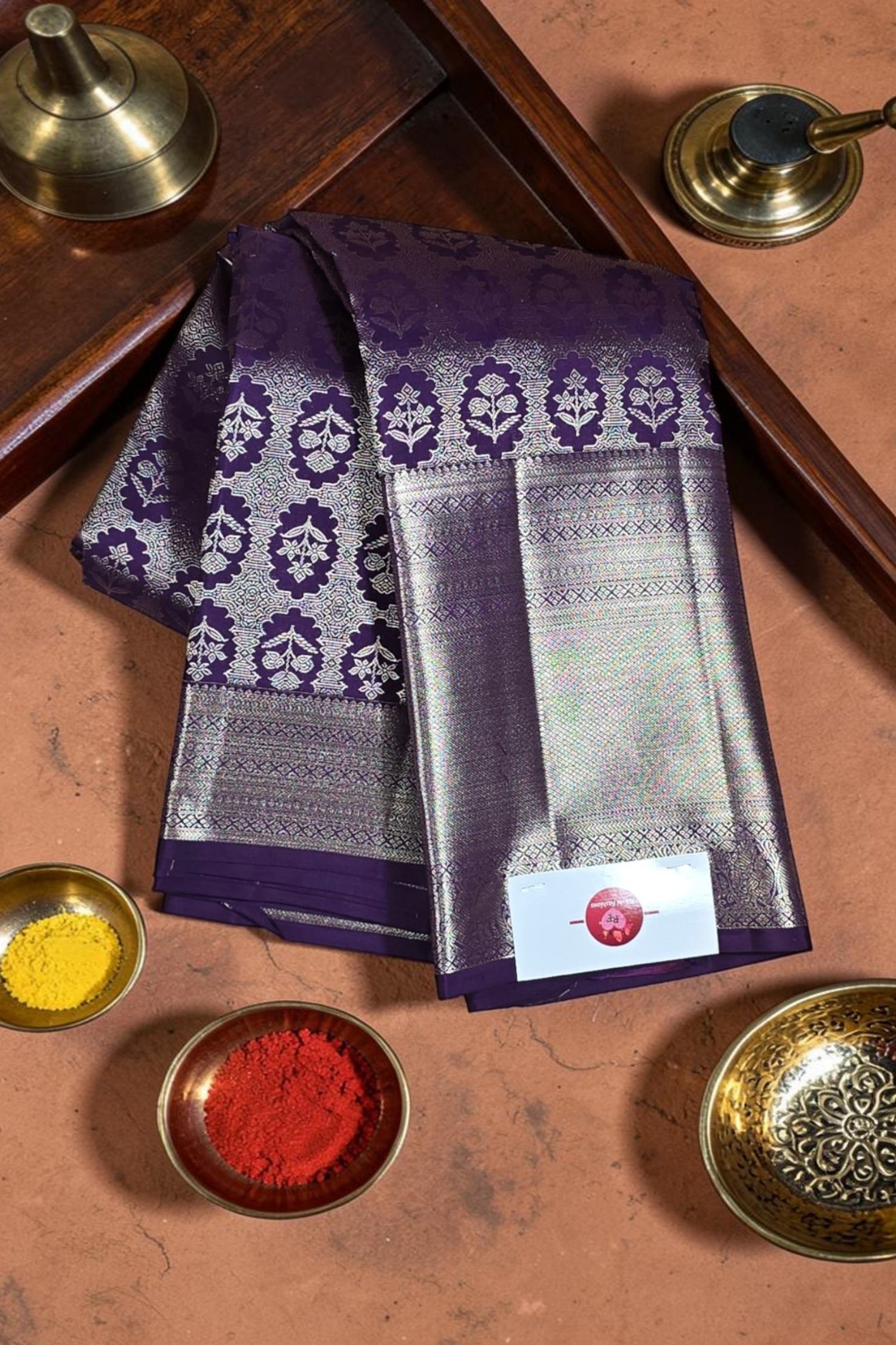 Royal Purple Kanchipuram Silk Saree with Silver Floral Patterns