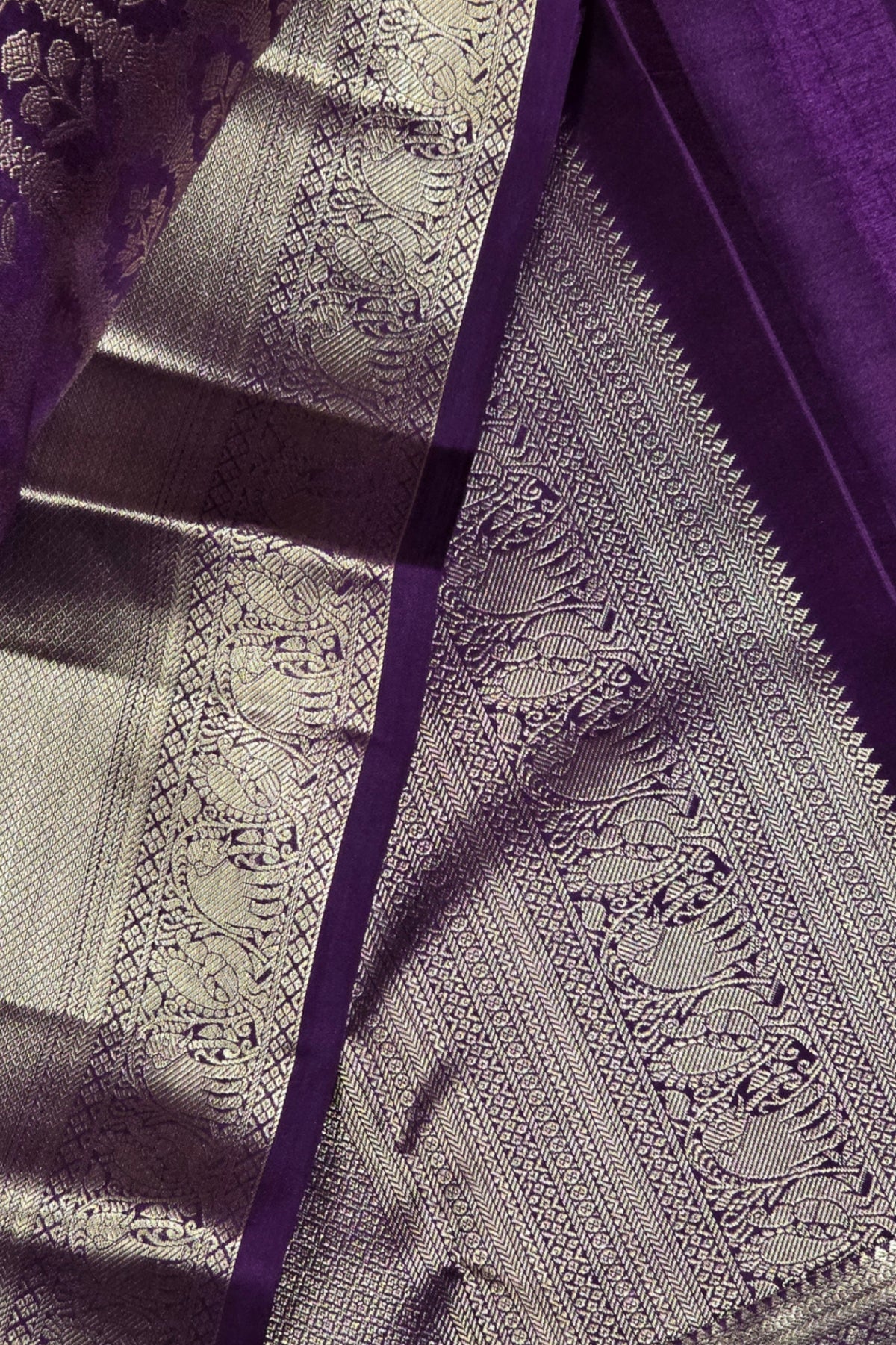 Royal Purple Kanchipuram Silk Saree with Silver Floral Patterns