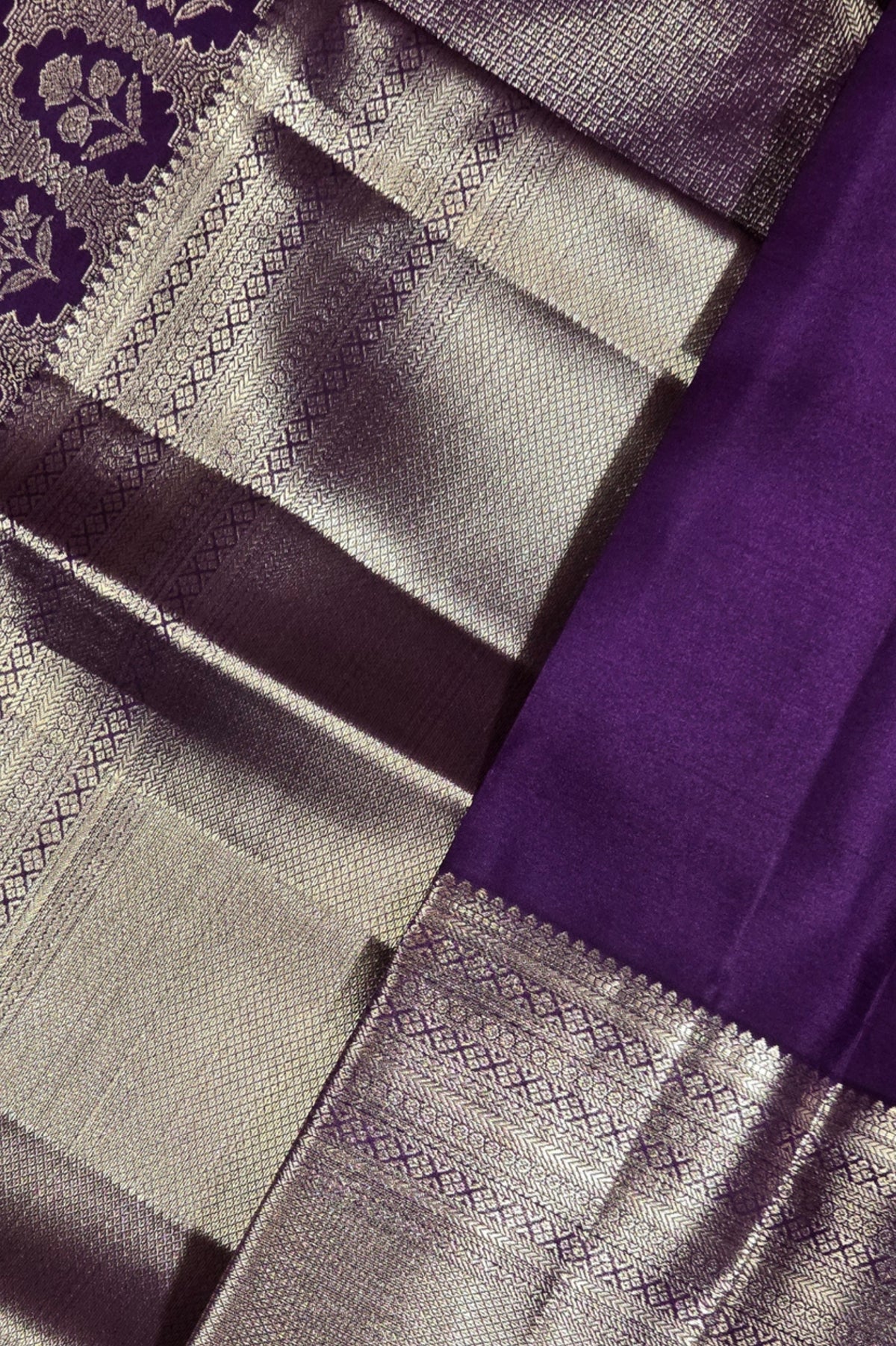 Royal Purple Kanchipuram Silk Saree with Silver Floral Patterns