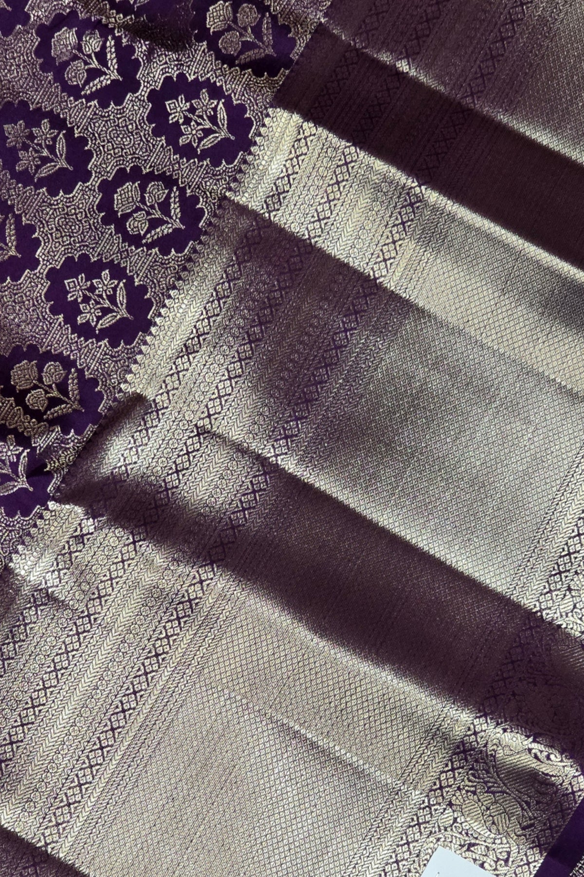 Royal Purple Kanchipuram Silk Saree with Silver Floral Patterns