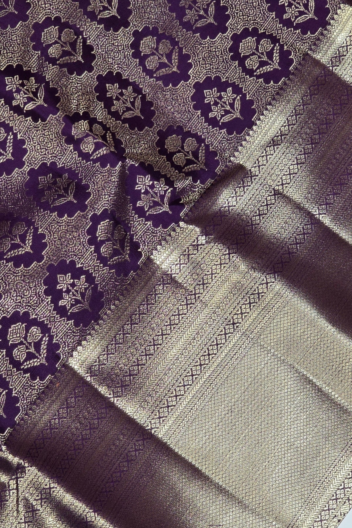 Royal Purple Kanchipuram Silk Saree with Silver Floral Patterns