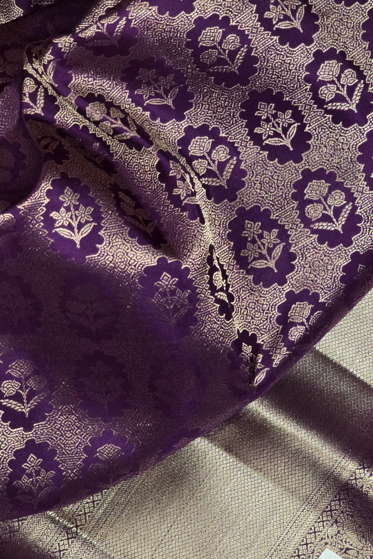 Royal Purple Kanchipuram Silk Saree with Silver Floral Patterns