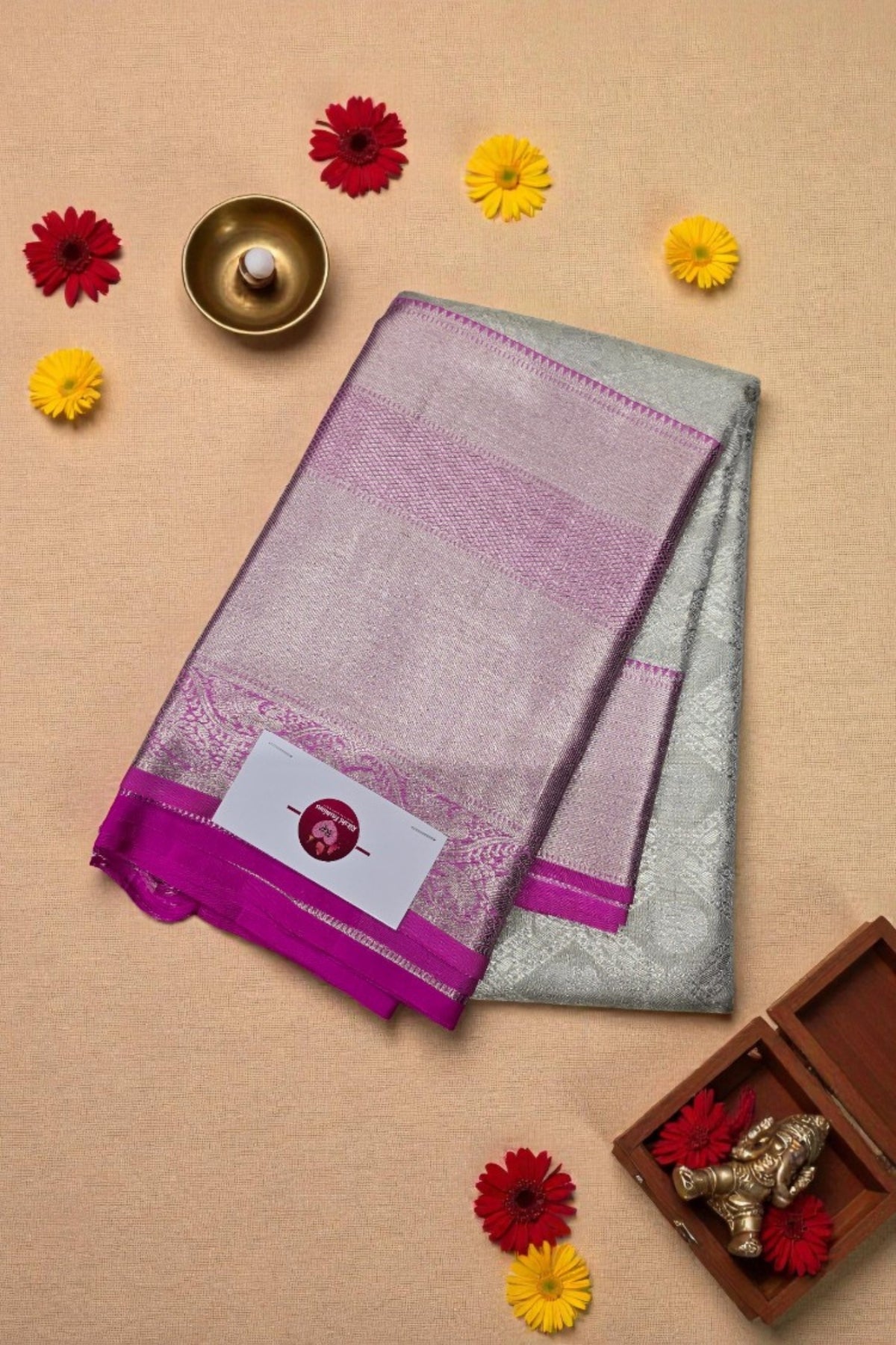 Silver Kanchipuram Silk Saree with Pink Border – Graceful & Timeless