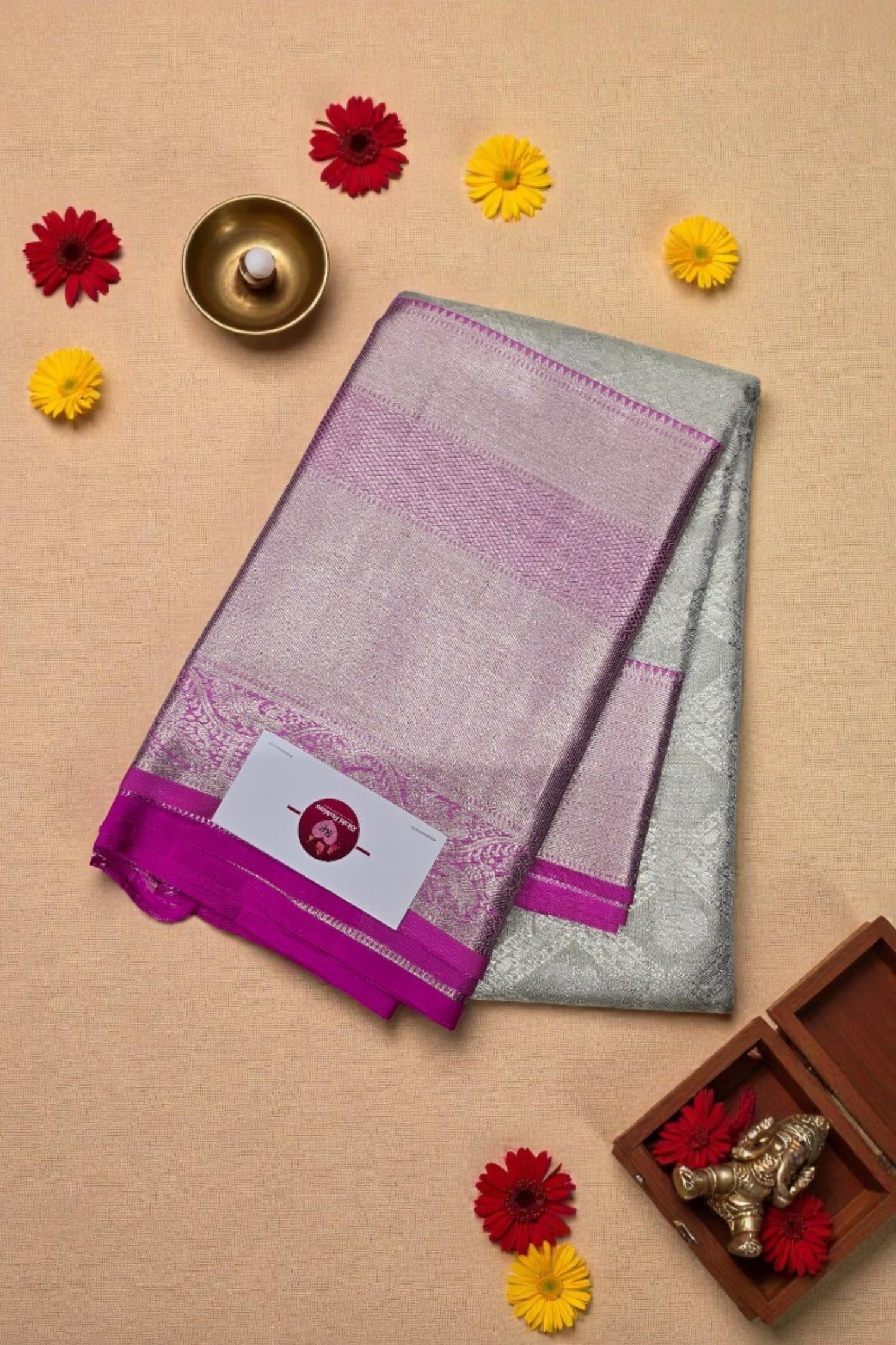 Silver Kanchipuram Silk Saree with Pink Border – Graceful & Timeless