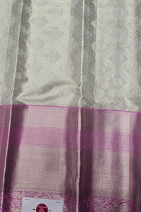 Silver Kanchipuram Silk Saree with Pink Border – Graceful & Timeless