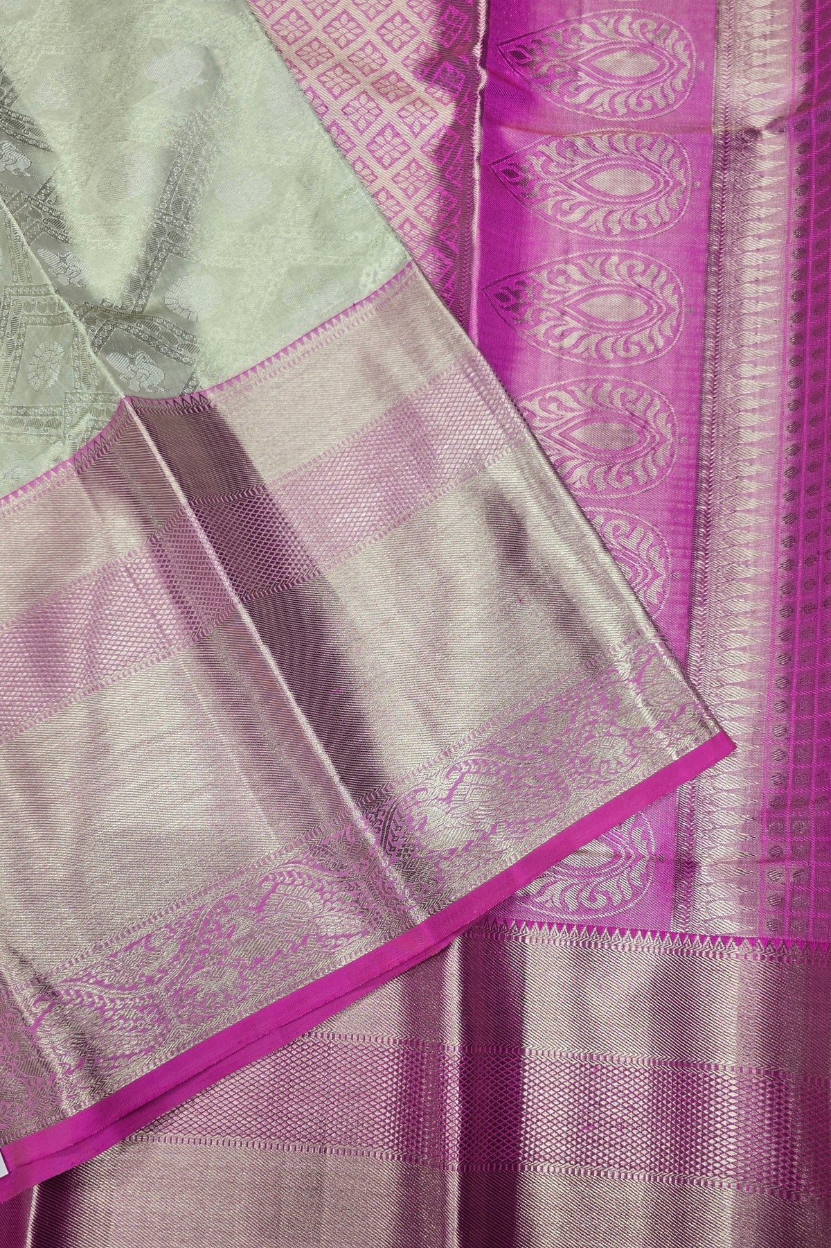 Silver Kanchipuram Silk Saree with Pink Border – Graceful & Timeless
