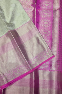 Silver Kanchipuram Silk Saree with Pink Border – Graceful & Timeless