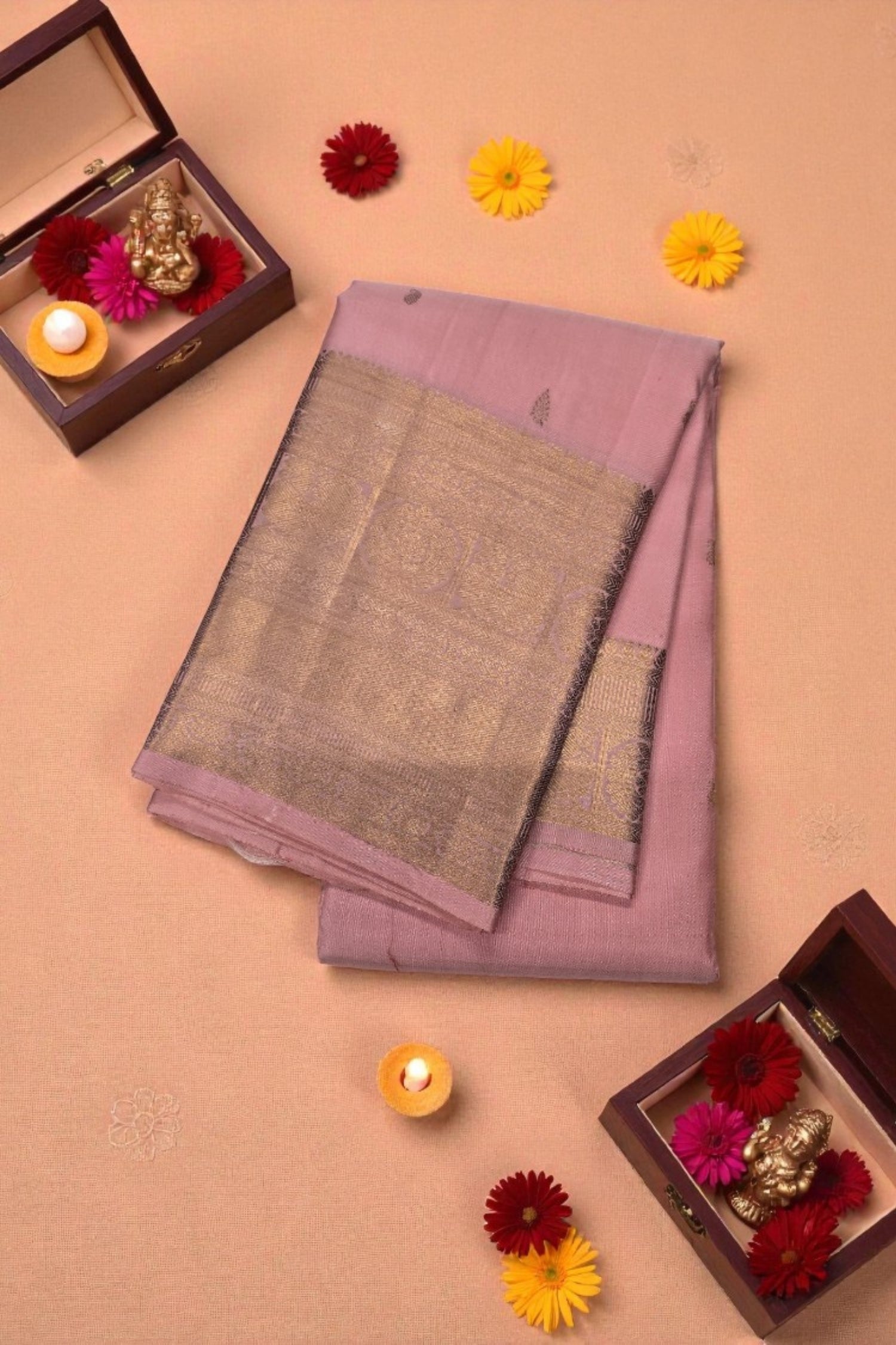 Turkish Rose Kanchipuram Silk Saree with Taupe Border – Soft & Regal