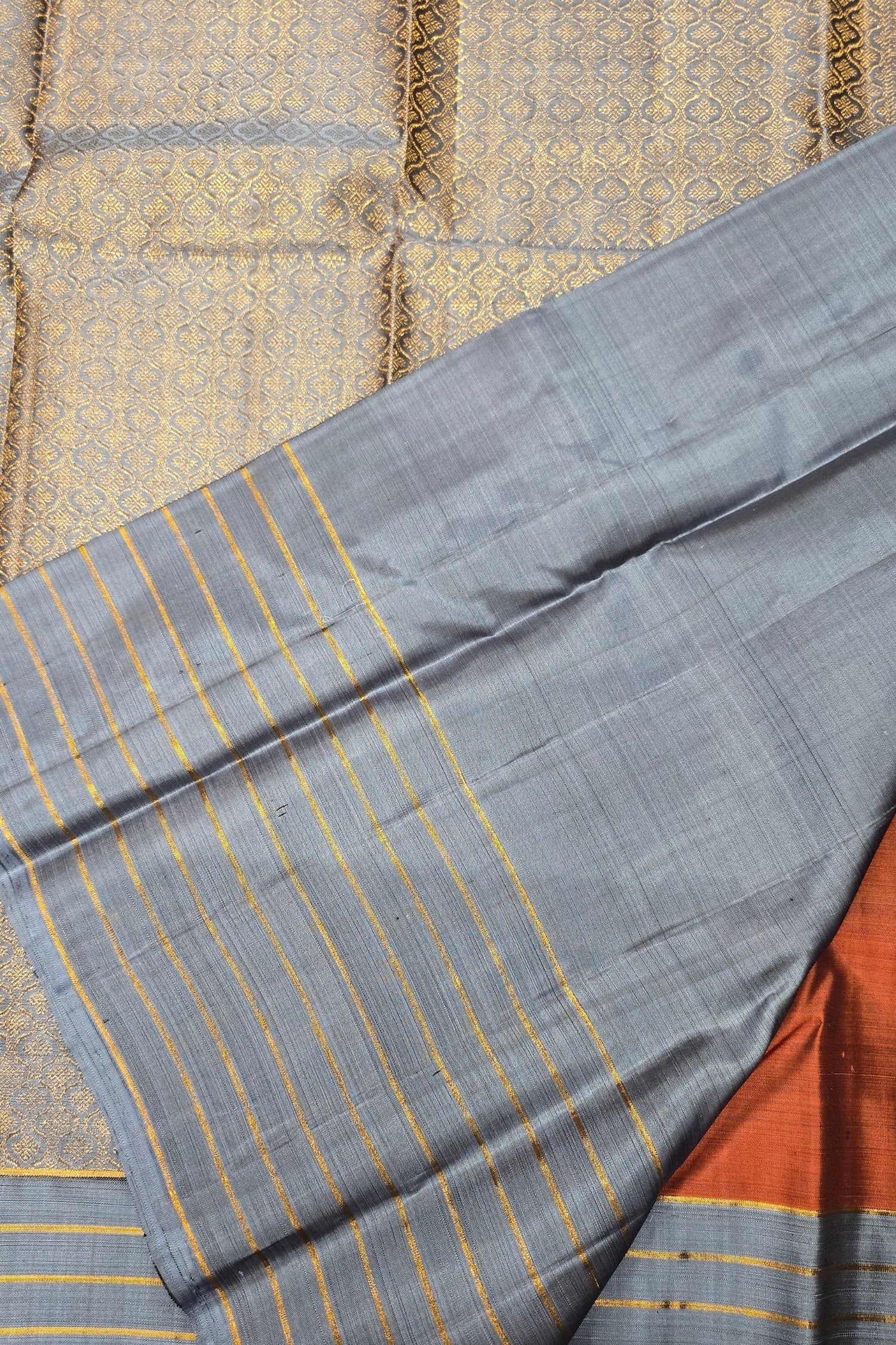 Coffee Brown Kanchipuram Silk Saree with Grey Border – Warm & Elegant