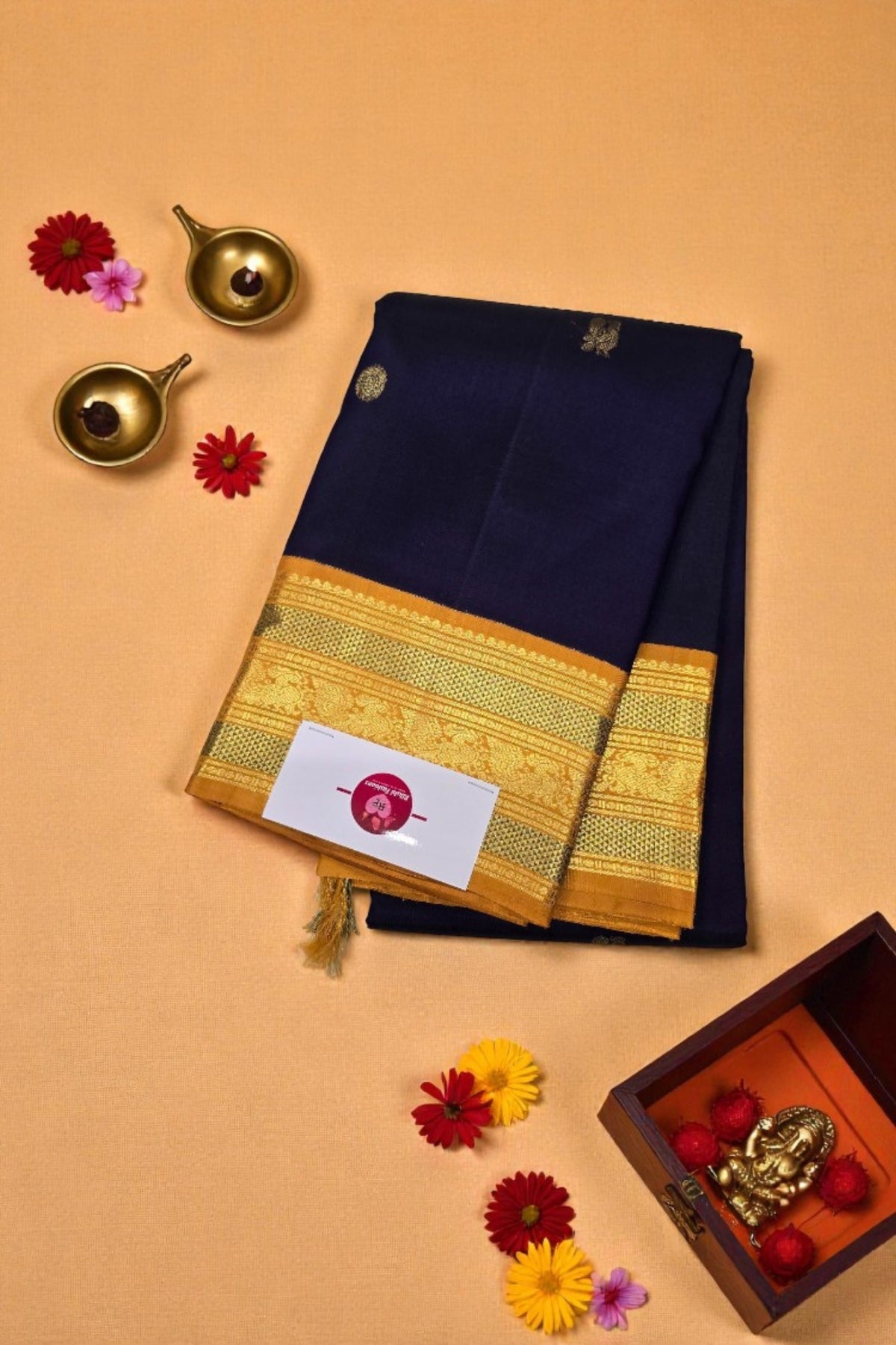 Navy Blue Kanchipuram Silk Saree with Yellow Border – Classic & Vibrant