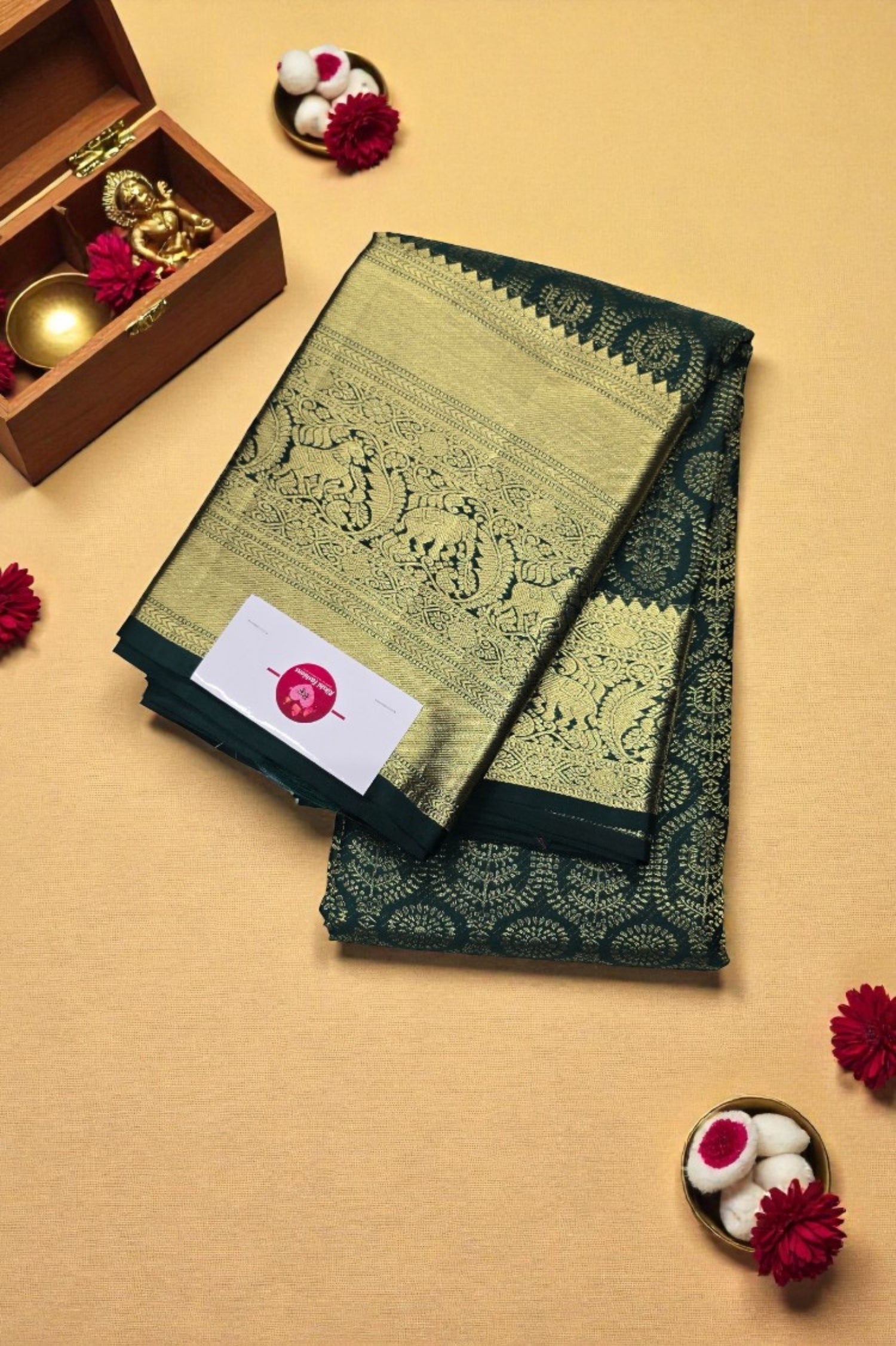 Dark Green Kanchipuram Silk Saree with Gold Border – Bold & Majestic