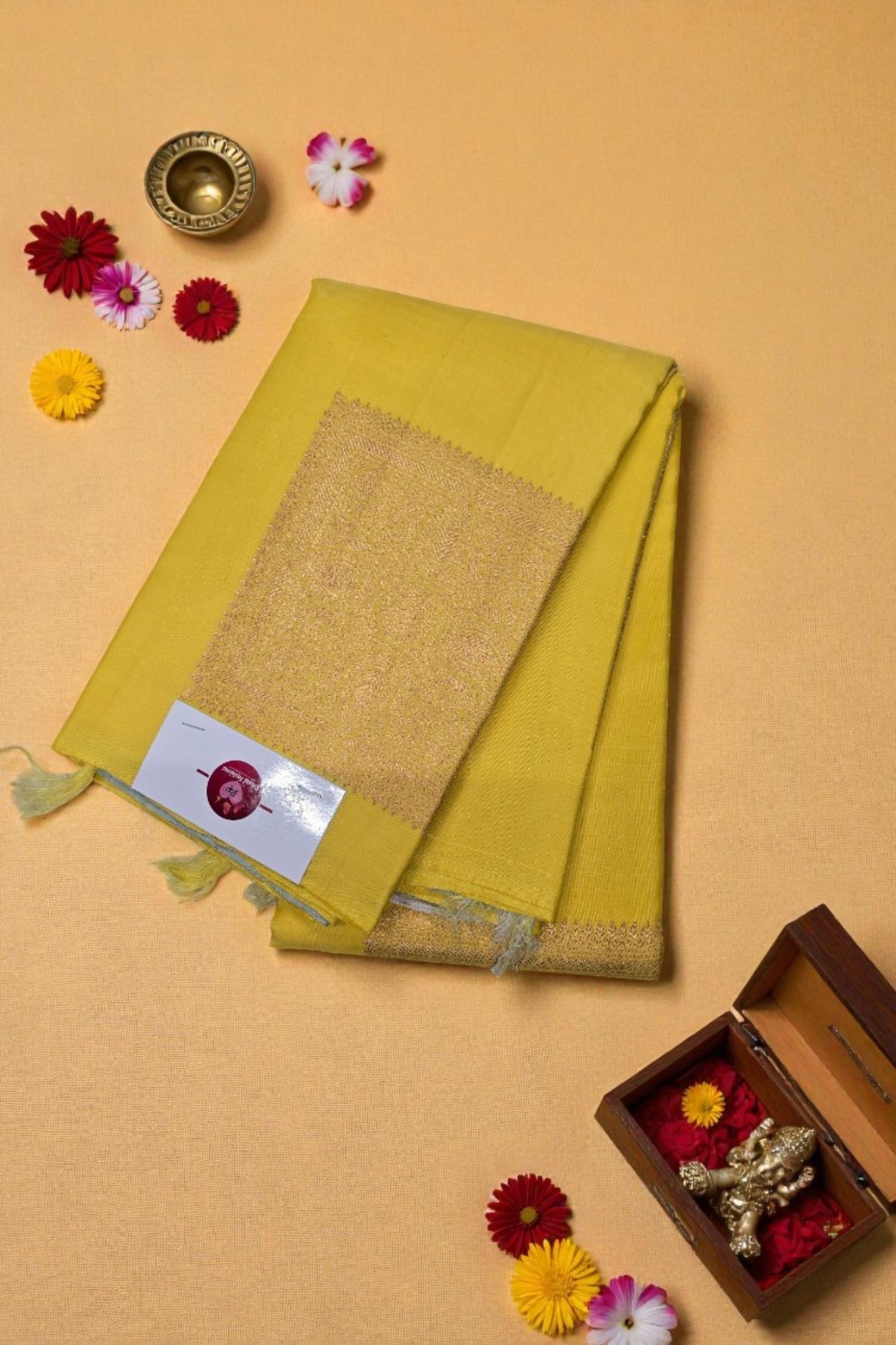 Yellow Kanchipuram Silk Saree with Grey Border – Bright & Graceful