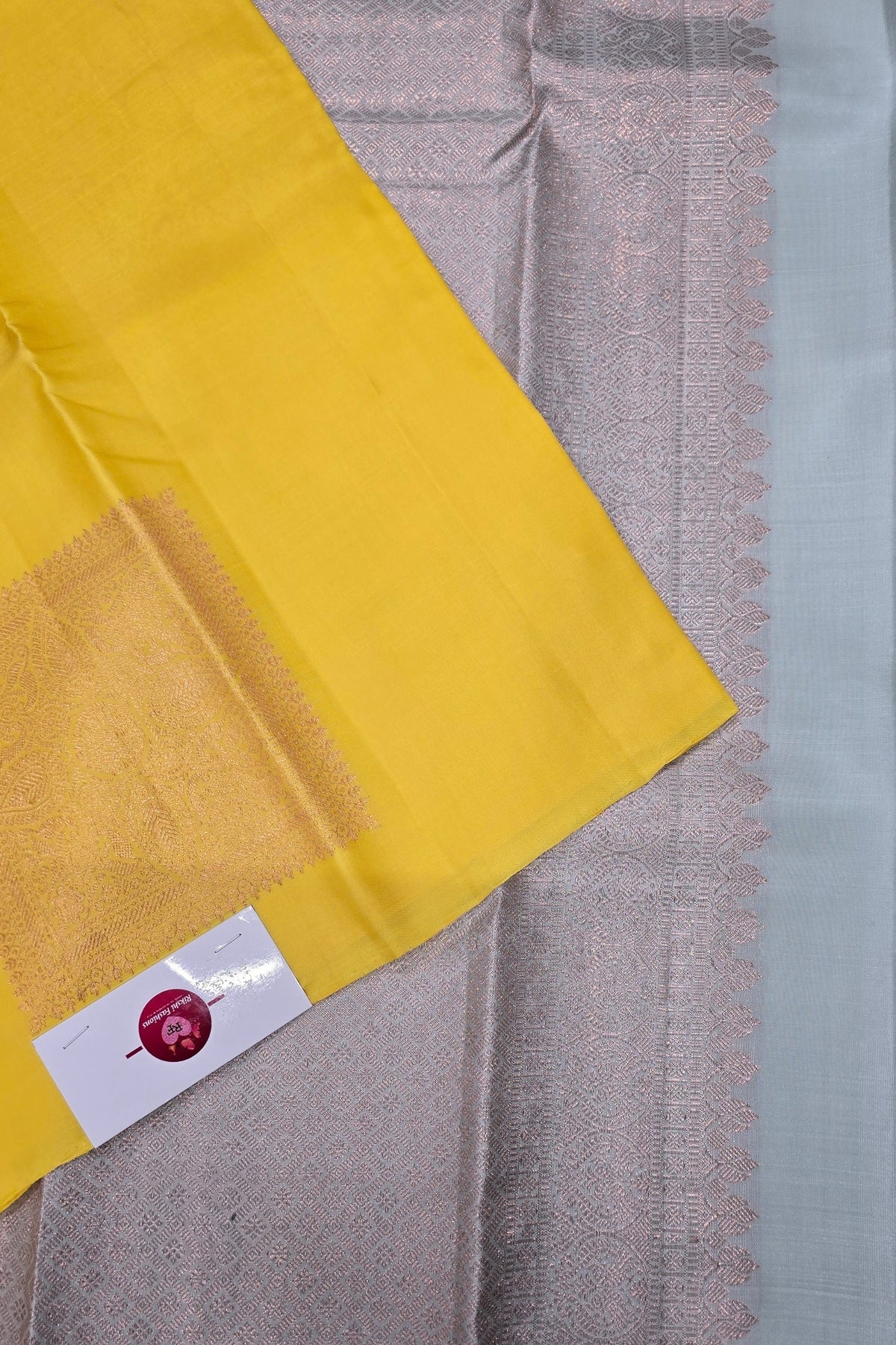 Yellow Kanchipuram Silk Saree with Grey Border – Bright & Graceful