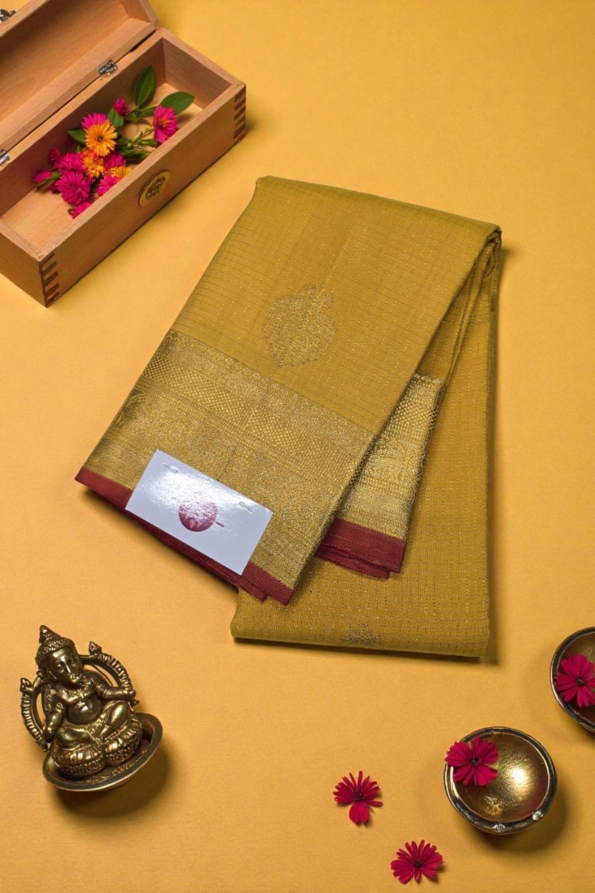 Mustard Yellow Kanchipuram Silk Saree with Pink Border – Bright & Graceful