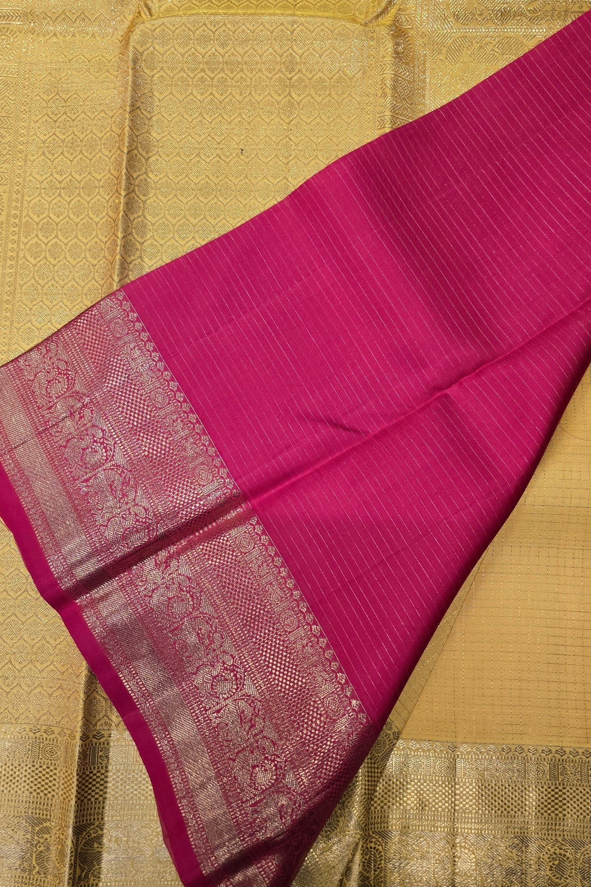 Mustard Yellow Kanchipuram Silk Saree with Pink Border – Bright & Graceful