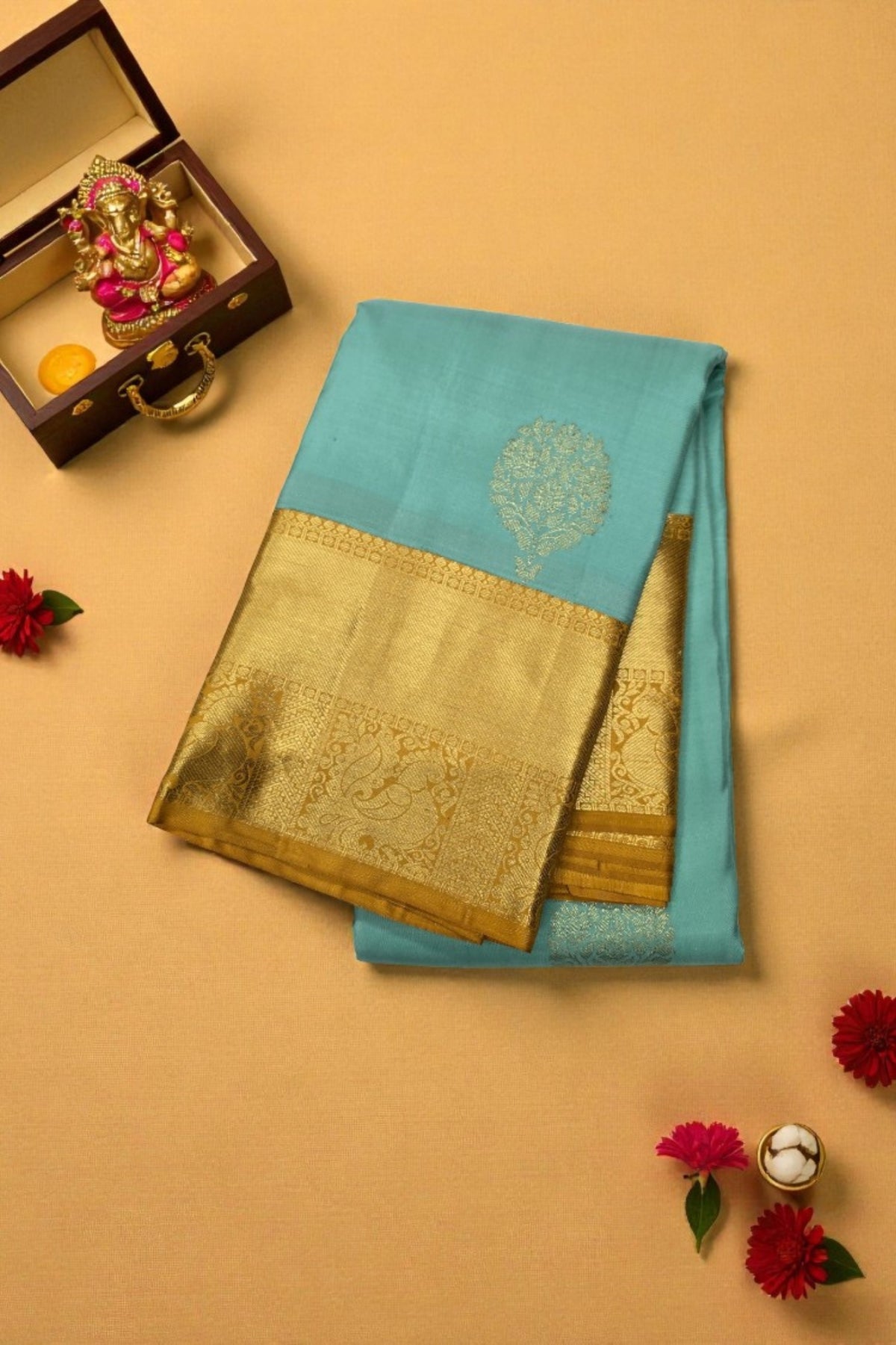 Light Blue Kanchipuram Silk Saree with Yellow Border – Fresh & Elegant