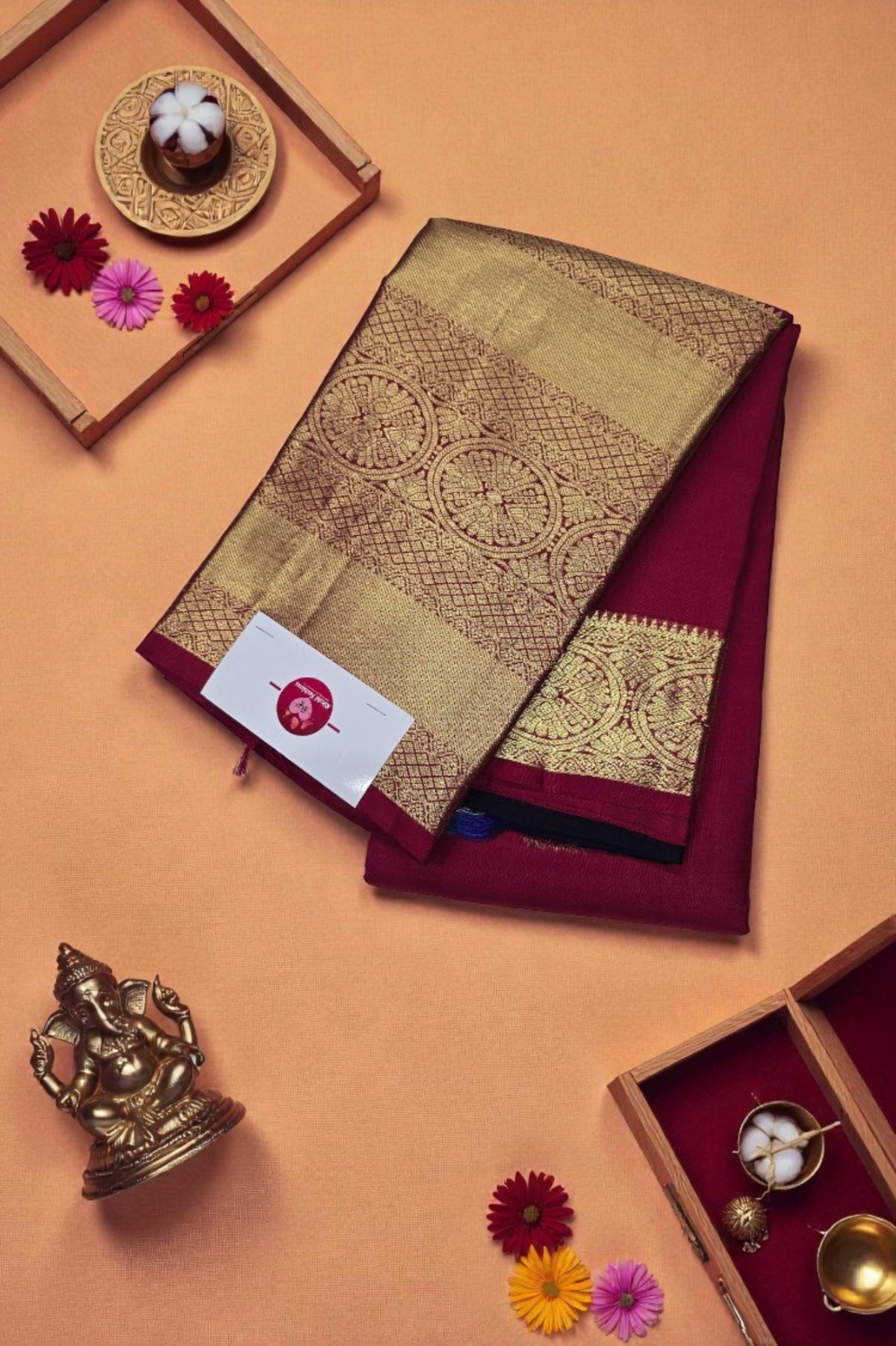 Maroon Kanchipuram Silk Saree with Teal Blue Pallu – Rich & Striking