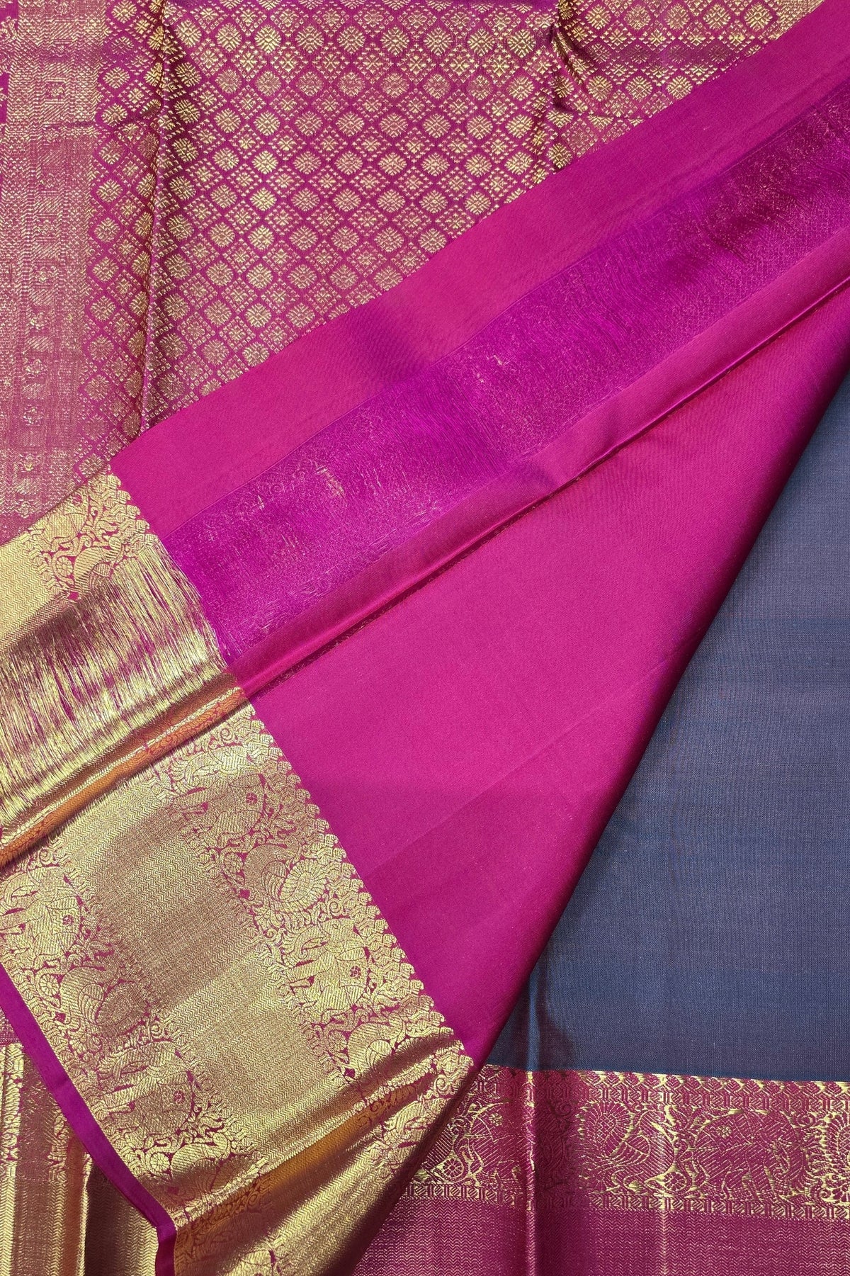 Charcoal black Kanchipuram Silk Saree with Reddish Pink Pallu – Subtle & Elegant